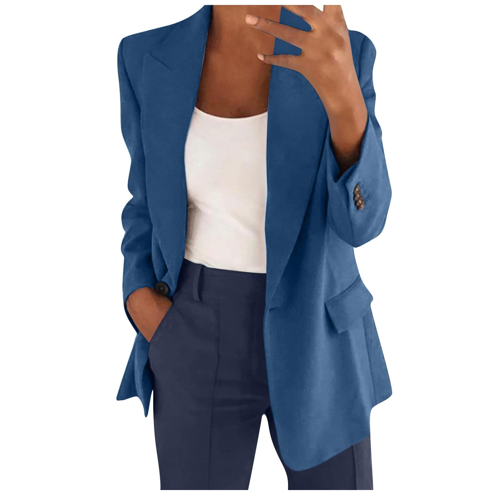 Women's Solid Color Open Front Long Sleeve Blazer with Pockets - Comfortable Formal Suit Coat for Office, Business Meetings & Professional Outfits