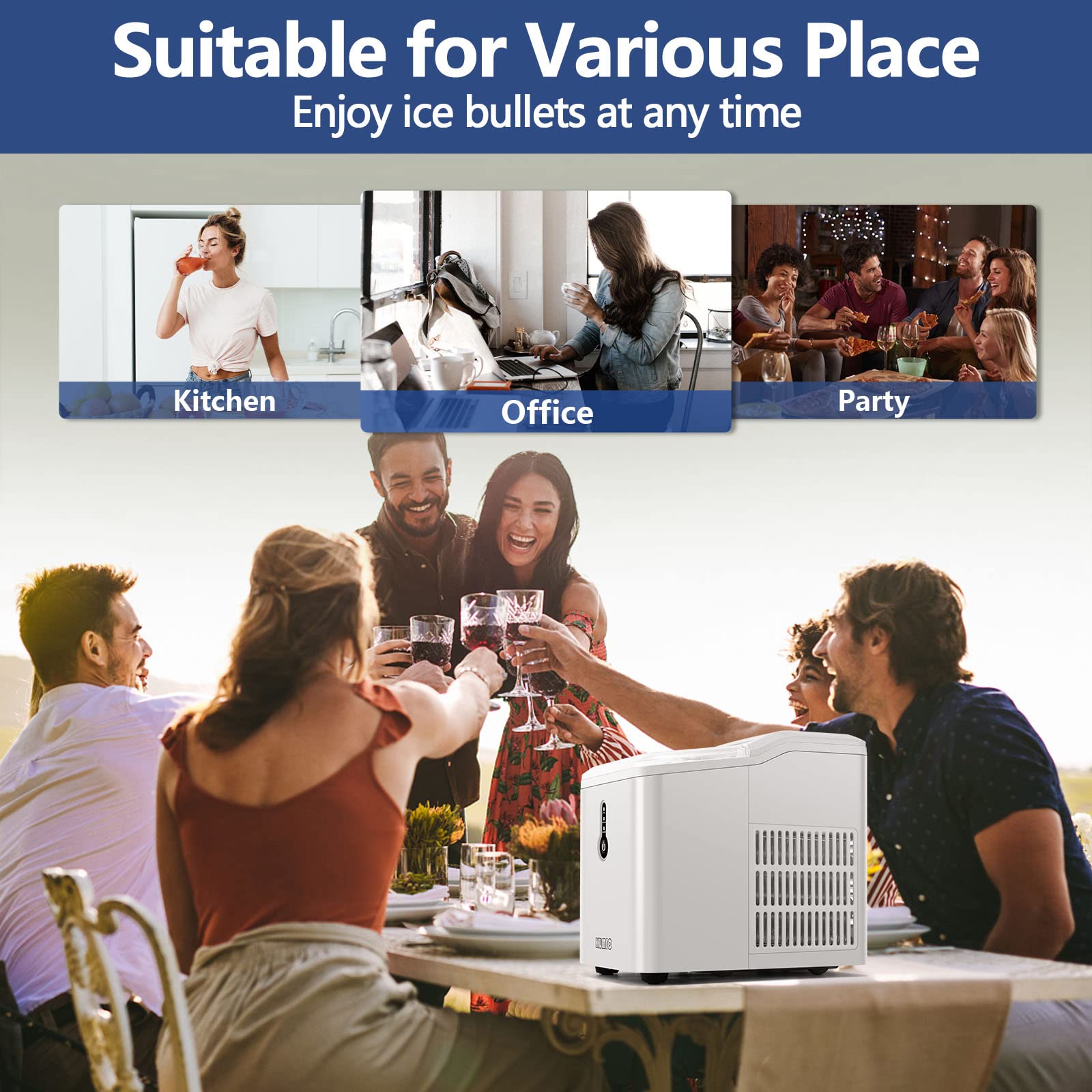 KUMIO Portable Countertop Ice Maker Machine - 9 Bullet-Shaped Ice Cubes in 6-9 Minutes, 26.5 Lbs Daily Output with Ice Scoop & Basket - Perfect for Home, Kitchen, Office, Parties & Outdoor Events - White