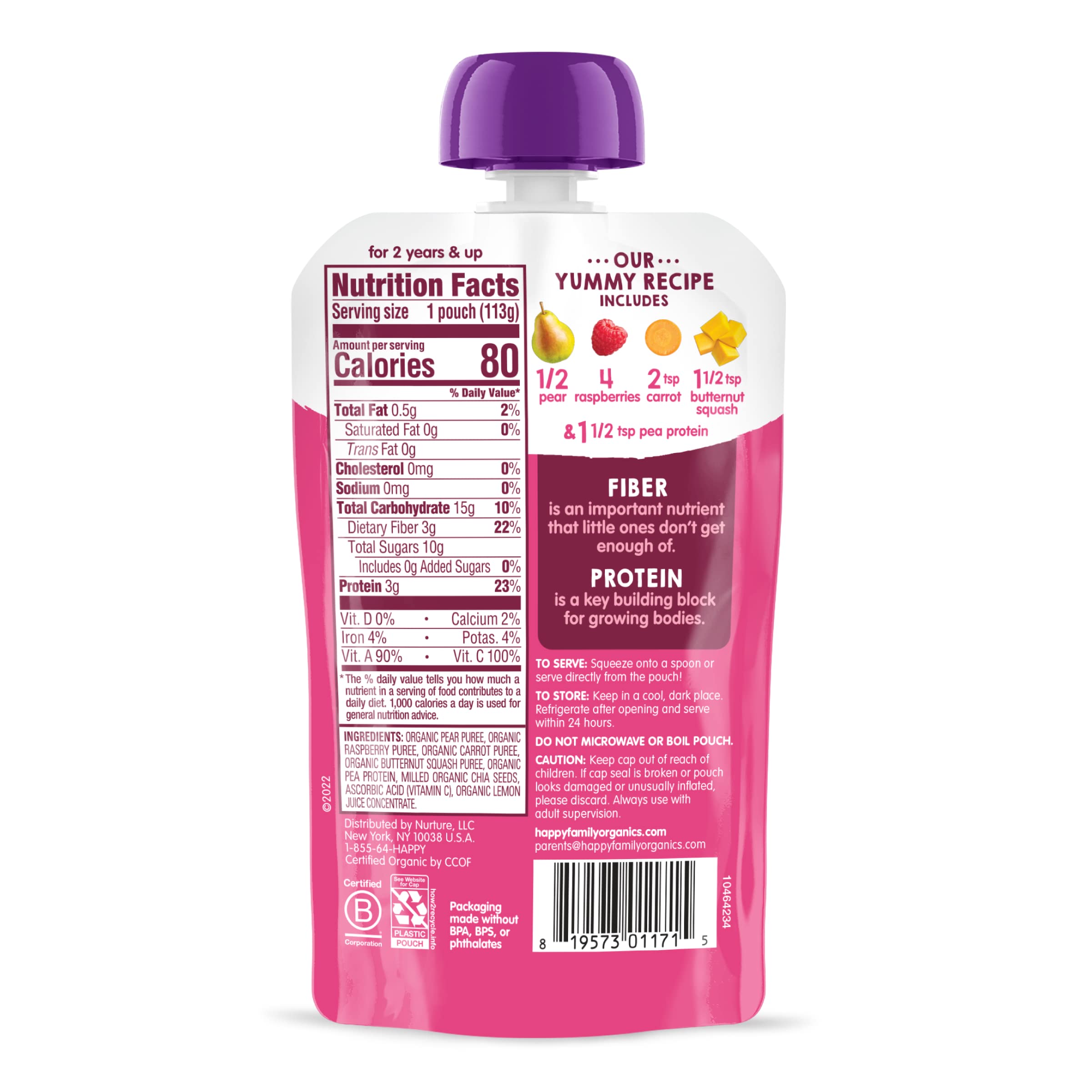 Happy Tot Organics Stage 4 Baby Food Pouches - Gluten Free, Vegan Snacks with Fiber & Protein | Fruit & Veggie Puree Blend (Pears, Raspberries, Butternut Squash & Carrots) | 4 Ounce Pouch Pack of 16 | Perfect for On-the-Go Meals, Daycare Lunches & Healthy Toddler Snacking