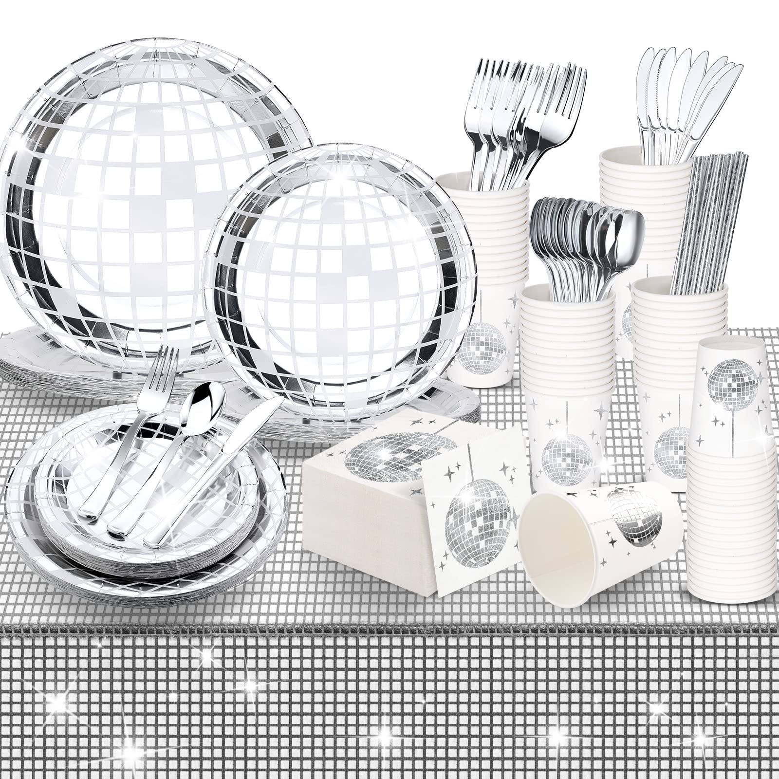 Marsui 201 Pcs Disco Ball Party Decorations Kit - 70s Theme Party Supplies with Glitter Table Runner, Disco Ball Plates, Napkins, Paper Cups & Straws for Birthday, New Year Celebrations (Silver) | Perfect for Themed Parties, Disco Nights & Retro Events