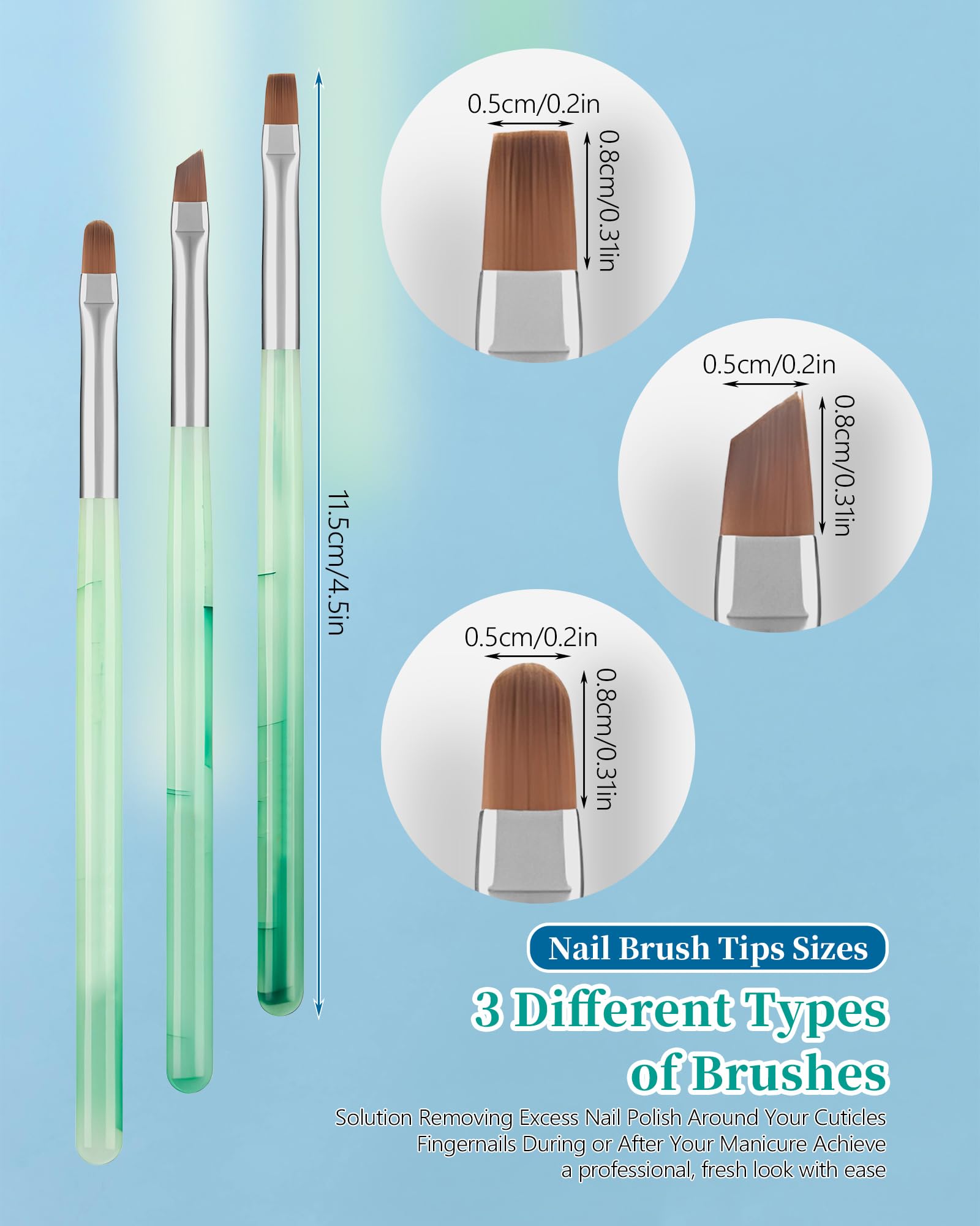 3PCS Nail Polish Clean Up Brush Set - Round, Flat & Angled Acetone Resistant Nail Brushes for OPI Nail Polish Remover, Professional Nail Art Tools for Home Manicure, Salon Use (Emerald Green) - Perfect for DIY Nail Designs, French Tips & Cuticle Cleaning