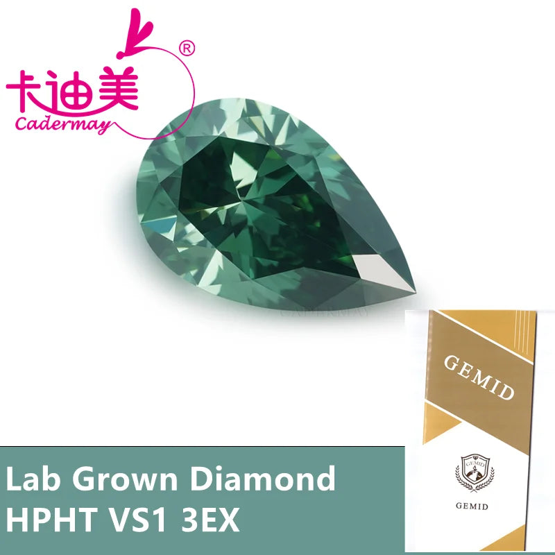 CADERMAY Pear Shape Vivid Green VS1 Clarity HPHT Lab Grown Loose Diamond with IGI Certificate - Perfect for Engagement Rings, Earrings & Custom Jewelry Making