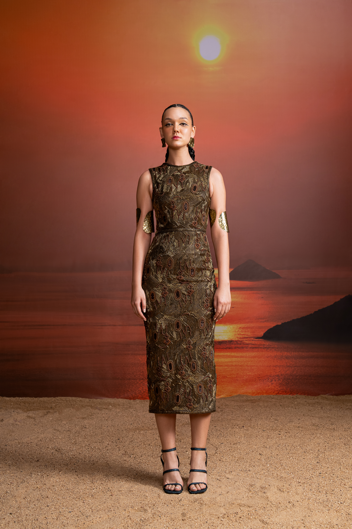 Elegant Olive Green Heavy Baroque Embellished Sheath Dress for Women - Perfect for Weddings, Parties & Special Occasions