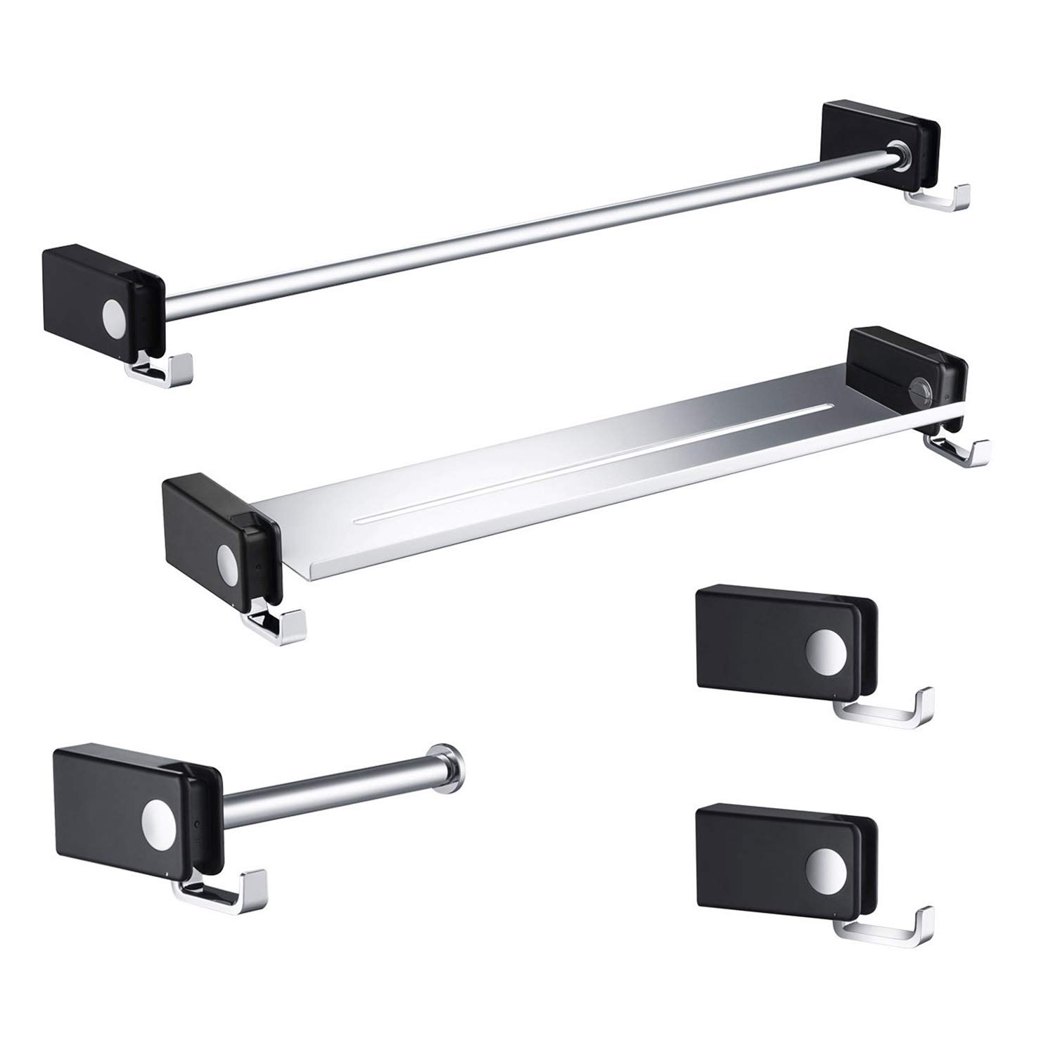 KIBI Artis 5-Piece Wall Mounted Bathroom Hardware Set - Chrome Black Finish | Modern Towel Bar, Robe Hook & Shelf Combo for Bathroom Organization & Spa-Like Decor