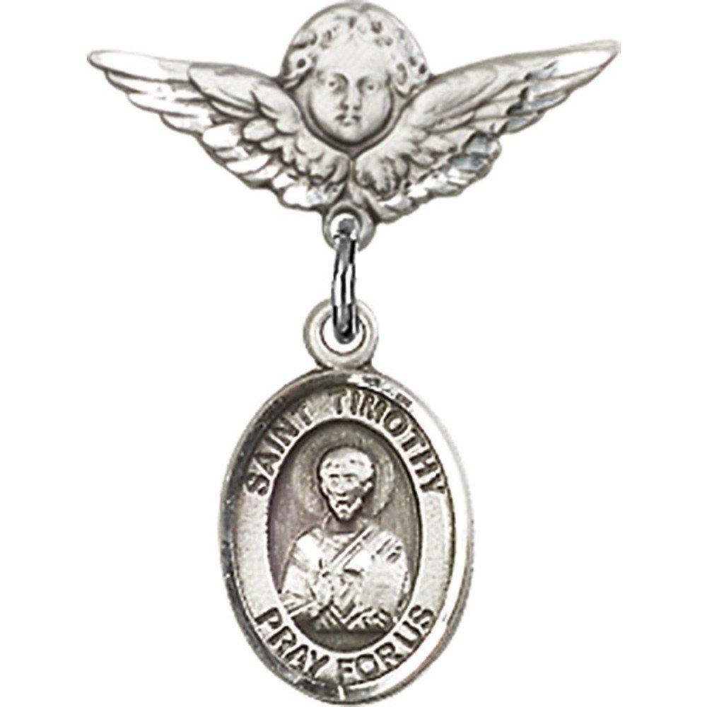 Sterling Silver Baby Badge with St. Timothy Charm & Angel Wing Pin - 7/8