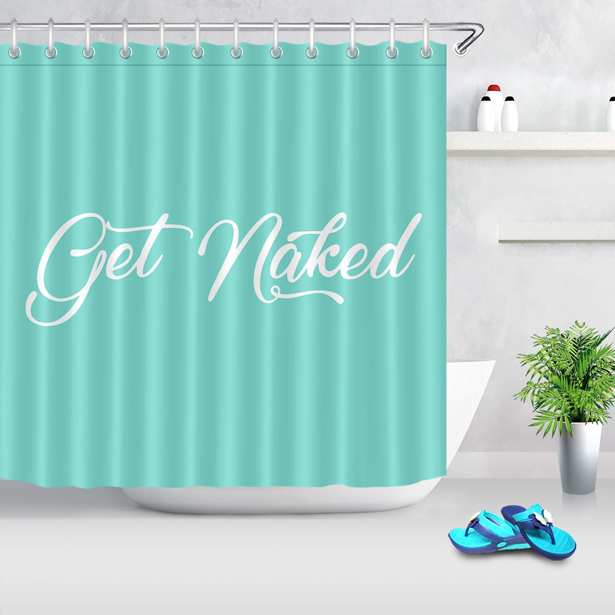 LB Get Naked Funny Quote Shower Curtain Set - 70x70 Inch Waterproof Fabric Bathroom Decor with Hooks | Creative White Lettering on Green Background | Perfect for Modern Bathrooms, Spa Retreats & Unique Home Decor