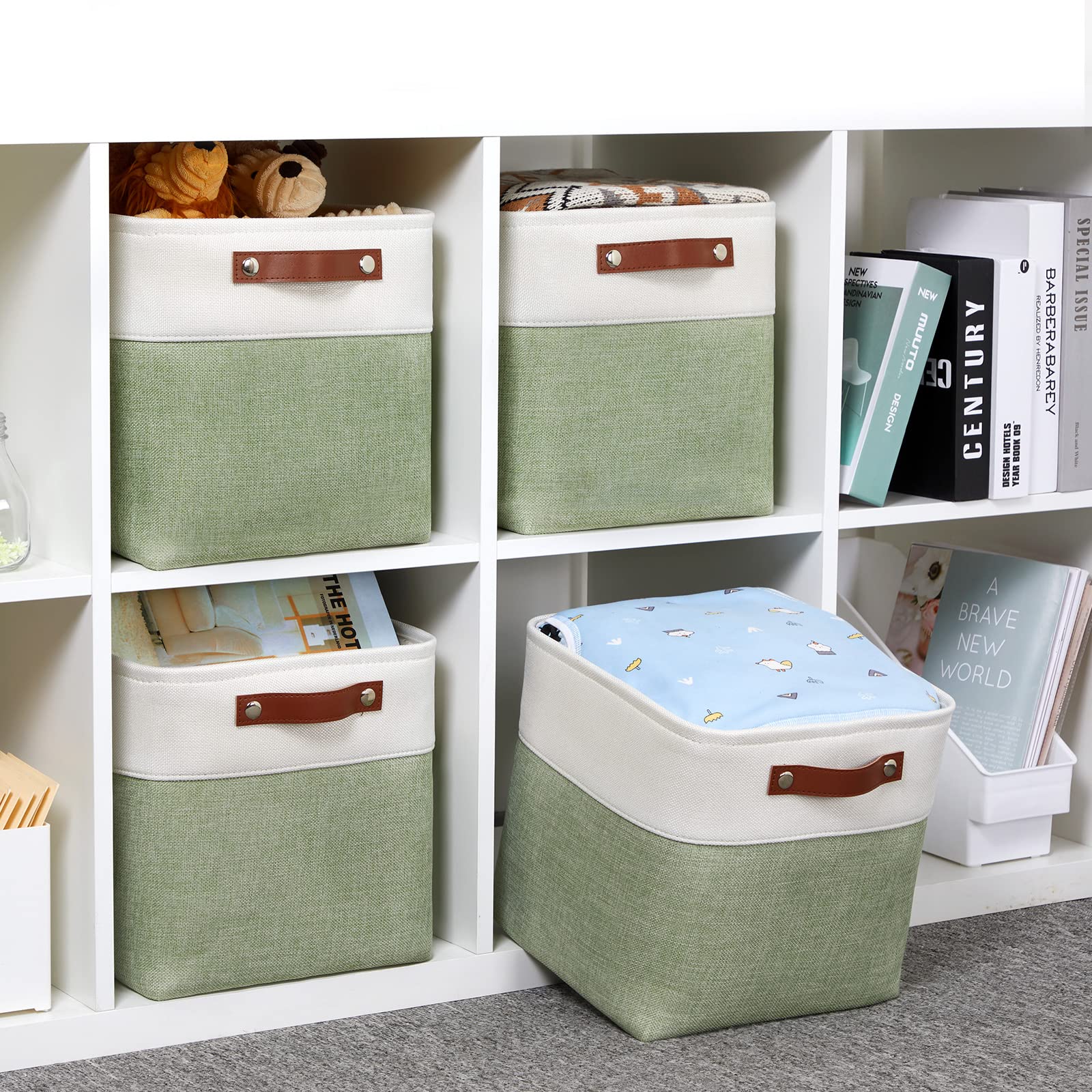 HNZIGE 11x11 Inch Fabric Cube Storage Bins - Set of 4 Foldable Organizer Baskets with Handles for Shelves, Closet, Nursery & Bedroom - Perfect for Home Organization, Toys & Clothes Storage (Green & White)