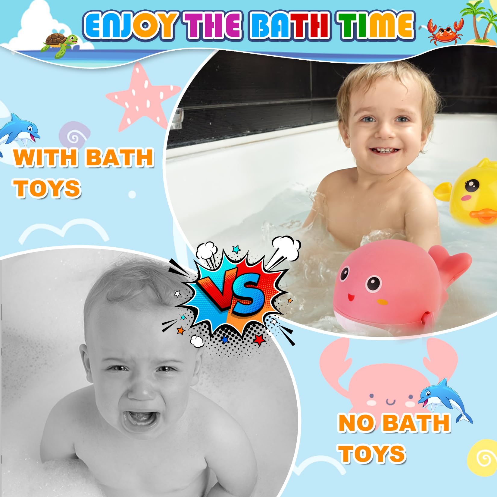 5-Piece Wind Up Baby Bath Toys Set - Floating Dolphins, Crabs, Turtles & Ducks for Toddlers | Fun Bathtub & Pool Toys for Boys & Girls | Perfect for Bath Time, Swimming & Sensory Play