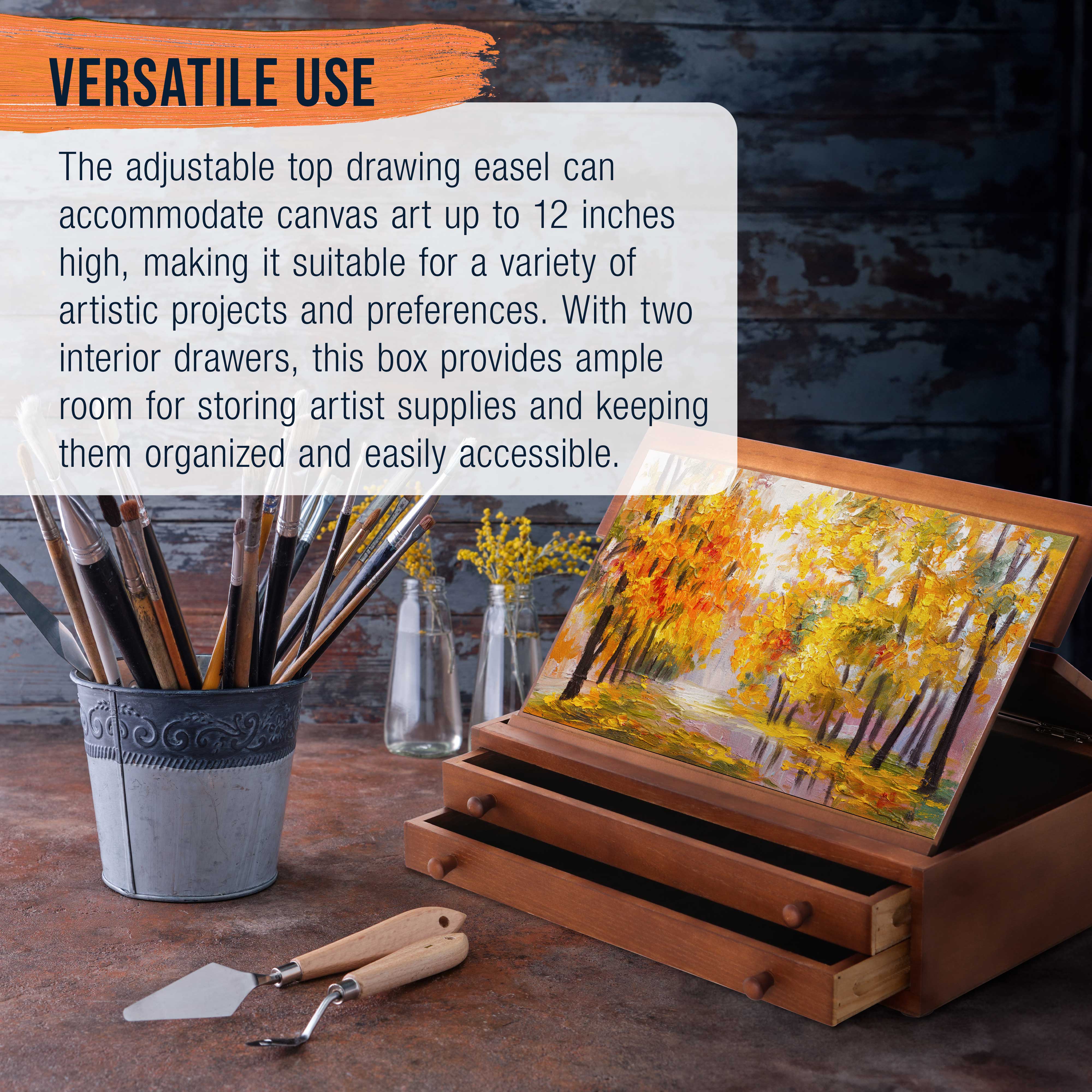 Premium Walnut 2-Drawer Wooden Art Storage Box with Adjustable Drawing Easel - Handcrafted Beechwood, Secure Metal Clasps - Perfect for Artists, Sketching & Art Supply Organization - Home Studio & Classroom Use