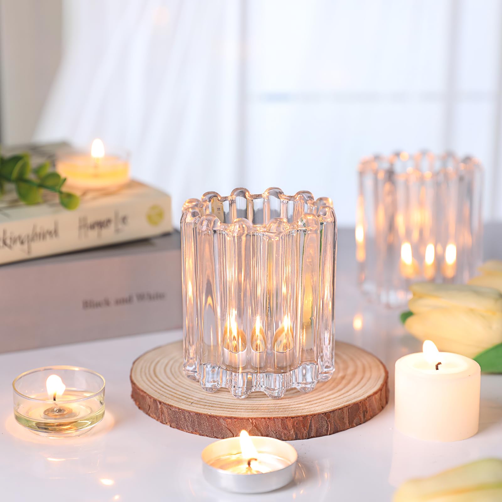 Clear Glass Votive Candle Holders Set of 6 - Ribbed Tealight Candle Holders for Wedding Centerpieces, Dinner Party Table Decor - Perfect for Romantic Ambiance, Holiday Decorations & Home Décor
