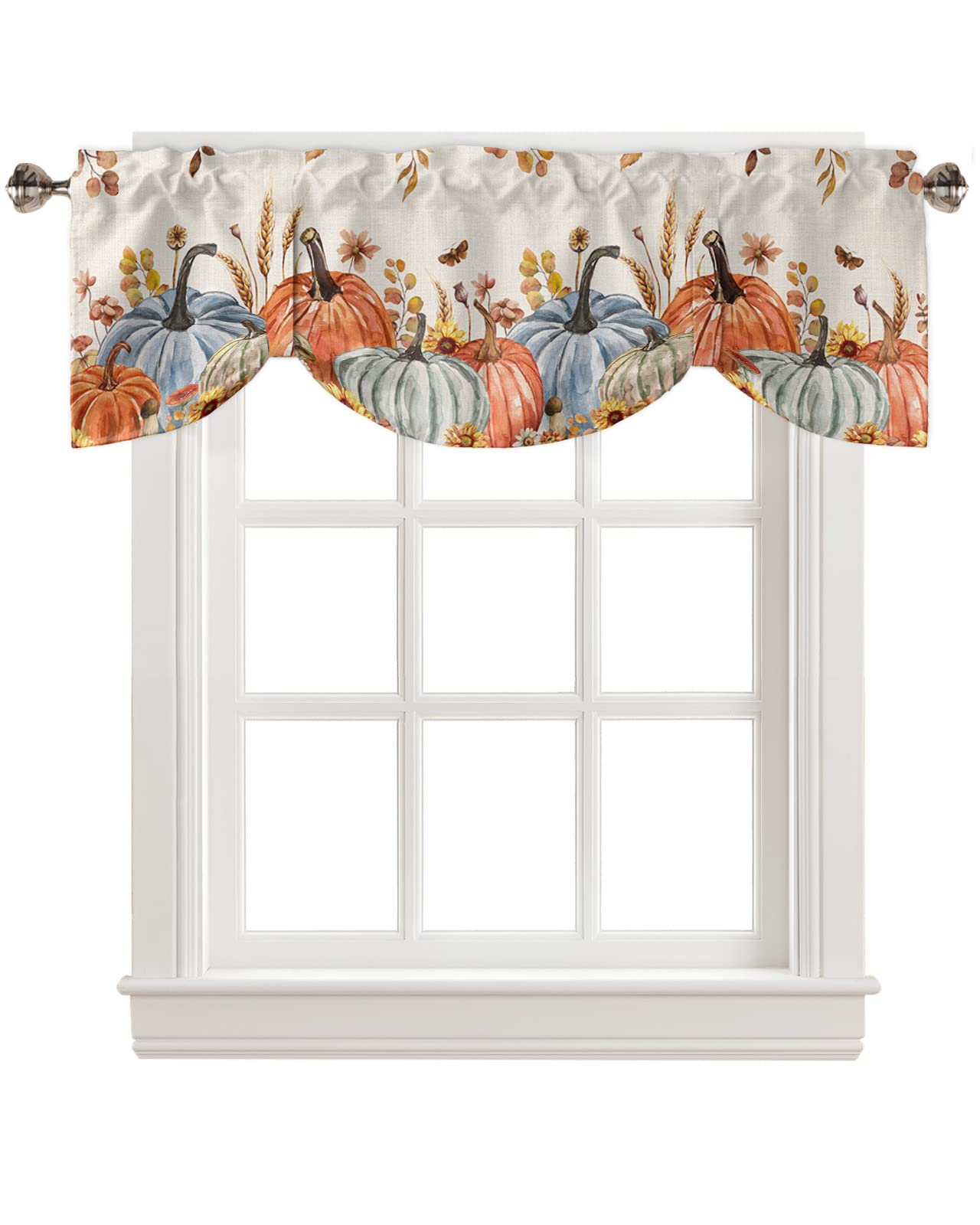 Fall Harvest Thanksgiving Kitchen Window Valances - Autumn Pumpkin, Butterfly & Leaves Burlap Rod Pocket Curtains (42