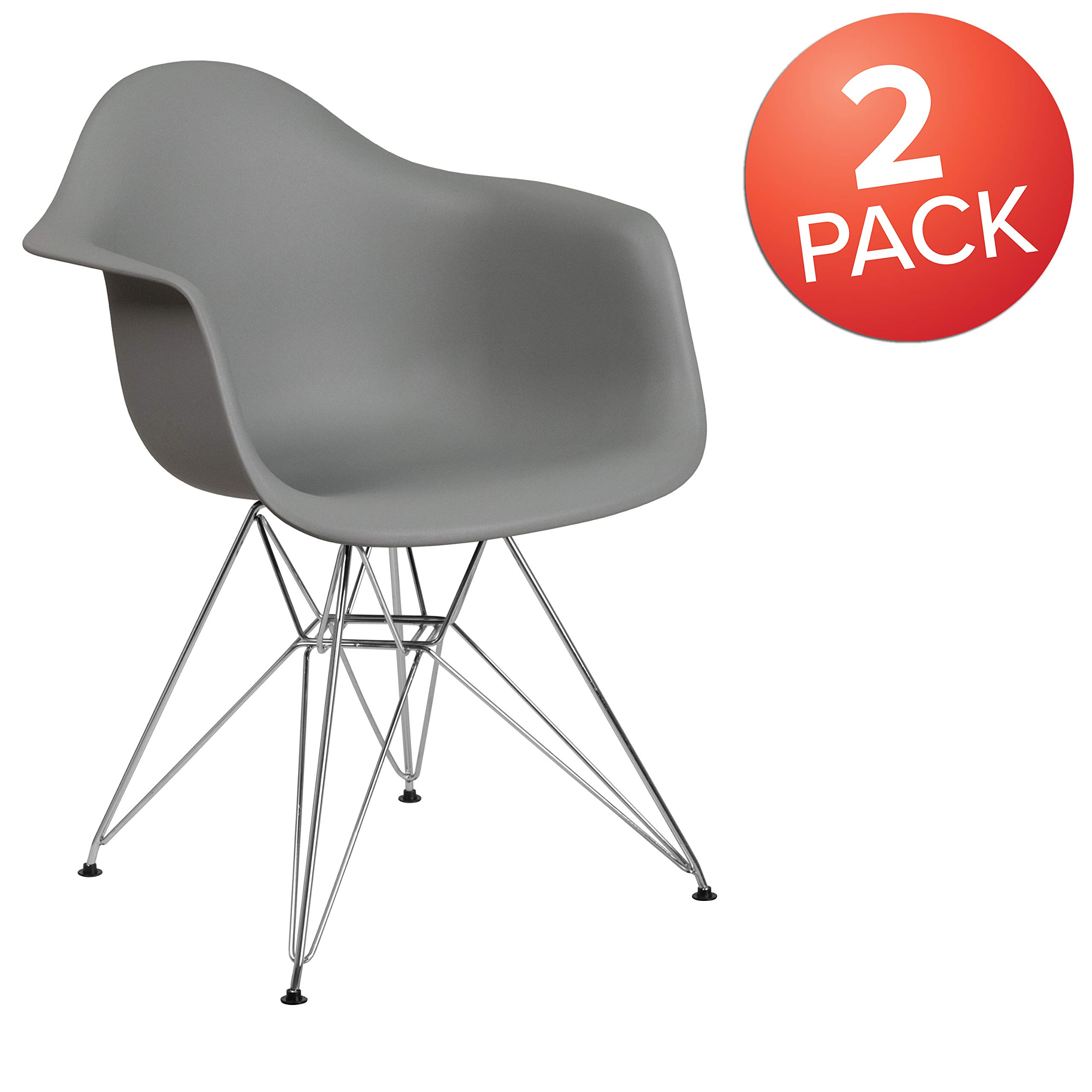 2 Pack Moss Gray Plastic Arm Chairs with Chrome Base - Modern Accent & Side Chairs for Dining Room, Kitchen, Office or Patio