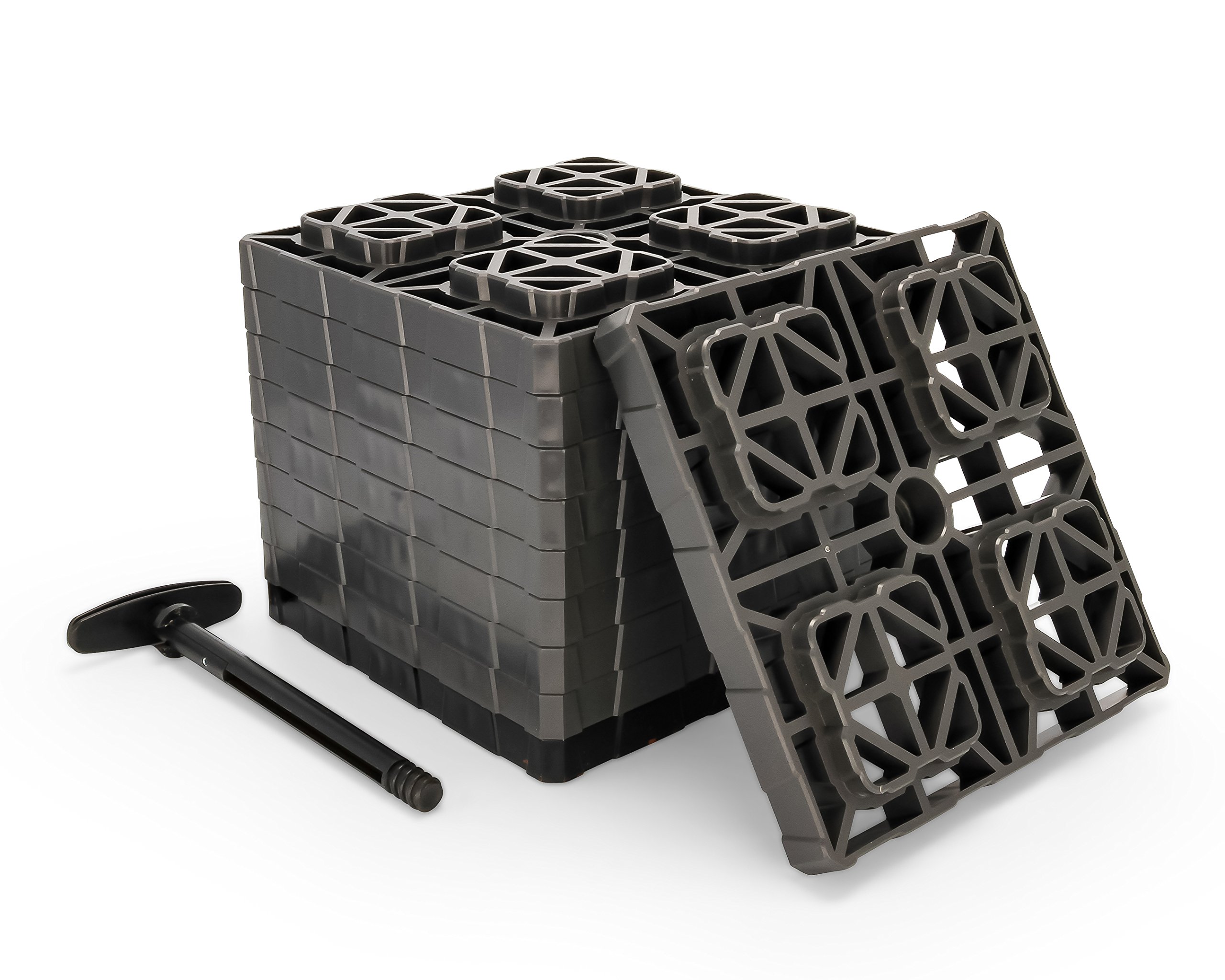 Camco Fasten XL RV Leveling Blocks - 10-Pack Interlocking Stabilizer Blocks for Campers & Trailers - Adjustable Height with Secure Twist Handle - 10.5