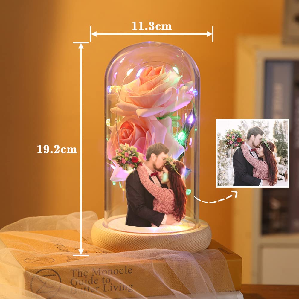 Custom Photo Text Red Silk Eternal Rose in Glass Dome with LED Light & Wood Base - Valentine's Day Home Decor, Anniversary Gift for Wife, Romantic Preserved Flower for Wedding, Birthday & Special Occasions