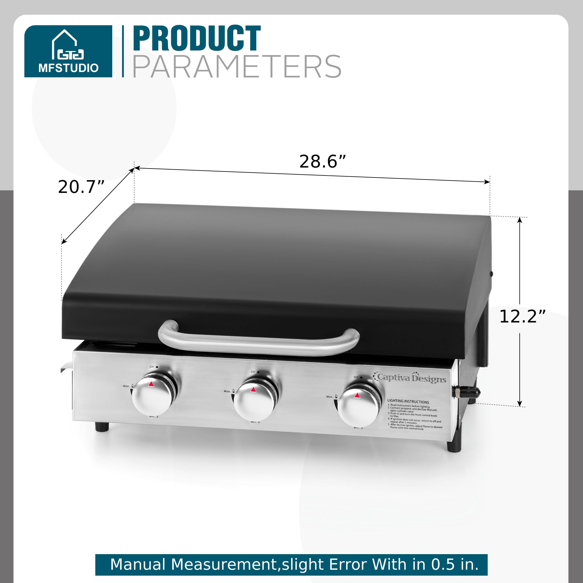 MFSTUDIO 22 Inch Flat Top Grill with Ceramic Coated Cast Iron Pan - 3 Burner Portable Tabletop Propane Gas Griddle - 24,000 BTU for Camping, Outdoor Cooking, Tailgating & Backyard BBQ - Perfect for Pancakes, Burgers, Steaks & Family Gatherings