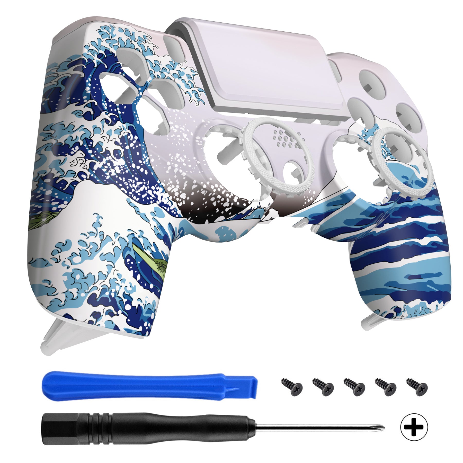 eXtremeRate Ghost Redesigned Front Housing Shell with Touch Pad for PS4 Slim Pro Controller JDM 040/050/055 - The Great Wave Design | Replacement Cover for Enhanced Gaming Experience | Perfect for PS4 Controller Customization & Repair