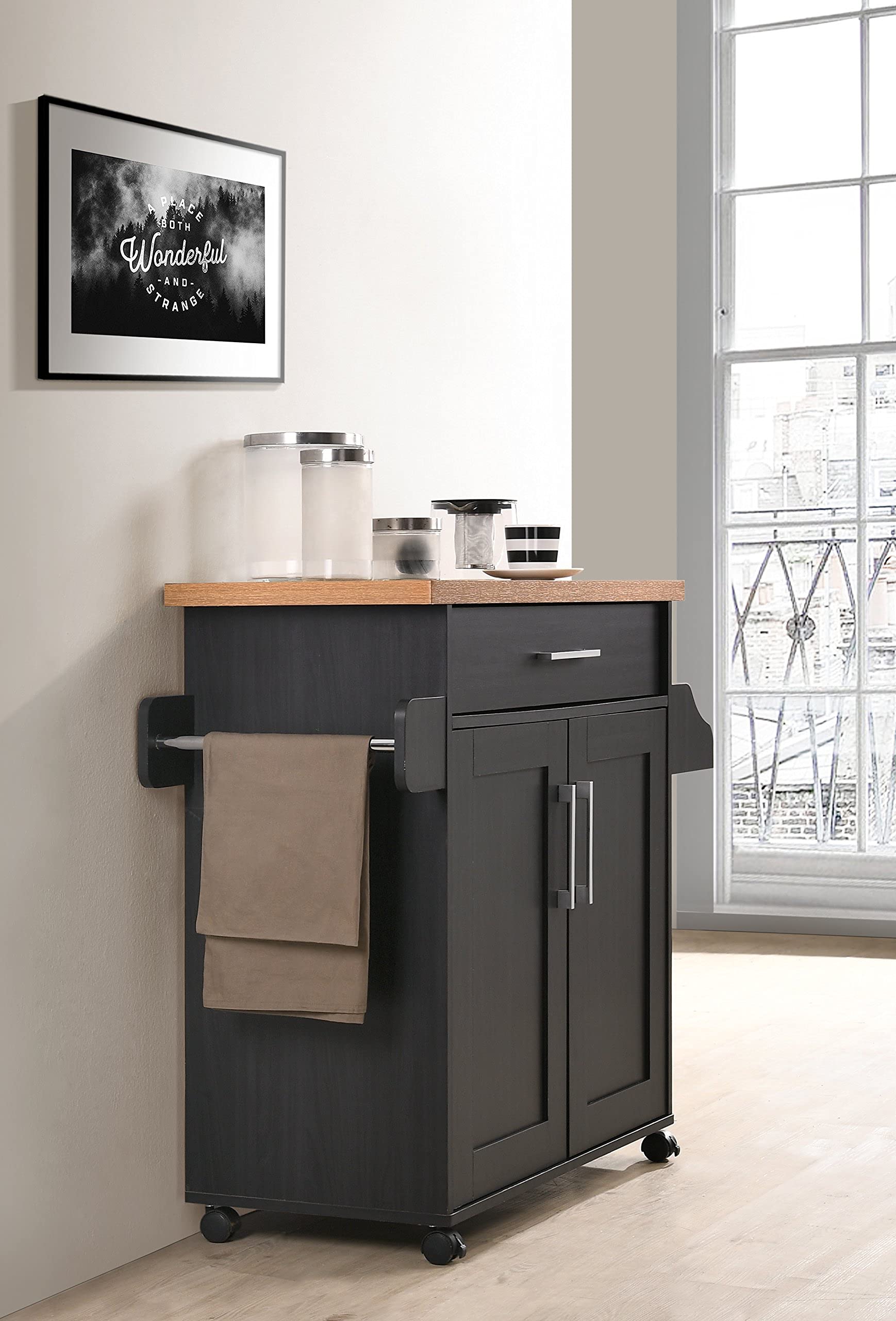 Hodedah Black Kitchen Island with Spice Rack, Towel Rack & Drawer - Beech Wood Countertop for Small Kitchen, Dining Room or Pantry Organization