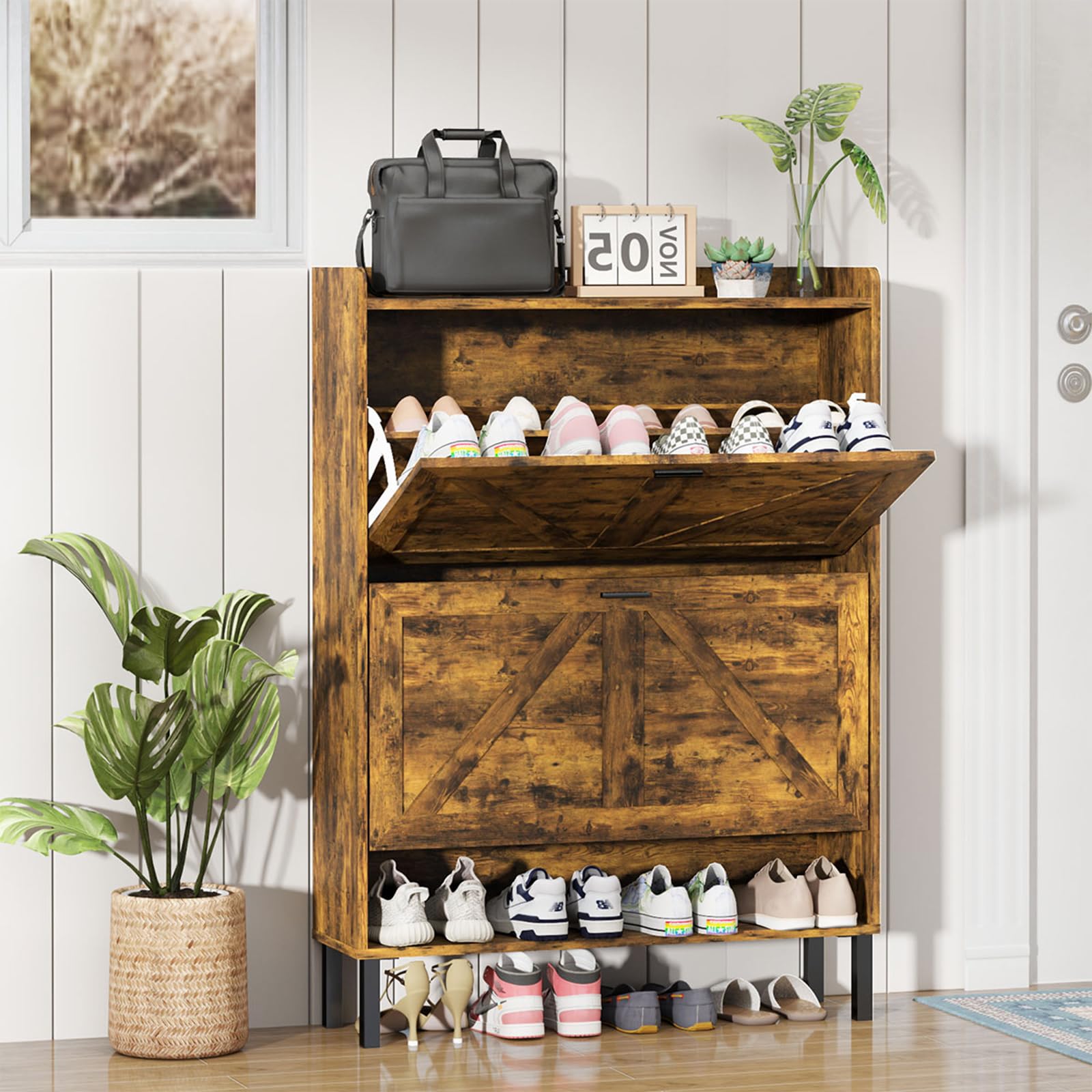 Farmhouse Wooden Shoe Cabinet with 2 Flip Drawers - Rustic Brown Entryway Storage Organizer, Freestanding Tall Narrow Shoe Rack with Metal Legs for Hallway, Living Room & Bedroom Organization