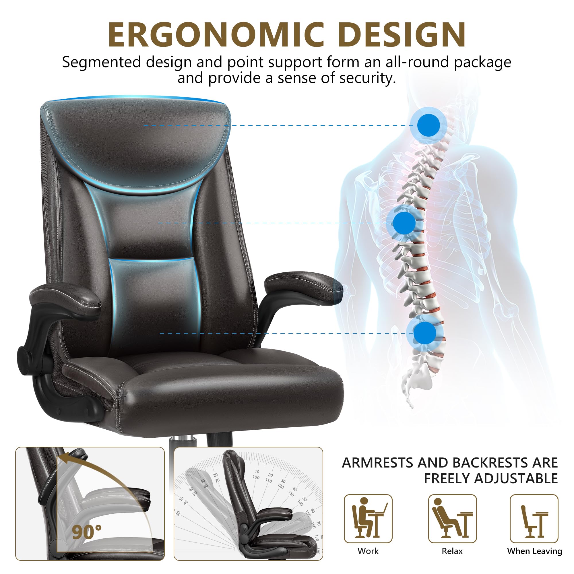 Premium Ergonomic Executive Office Chair - High Back Leather Desk Chair with Adjustable Flip-Up Arms for Big & Tall Users (Glossy Coffee) - Perfect for Home Office, Gaming & Professional Workspaces
