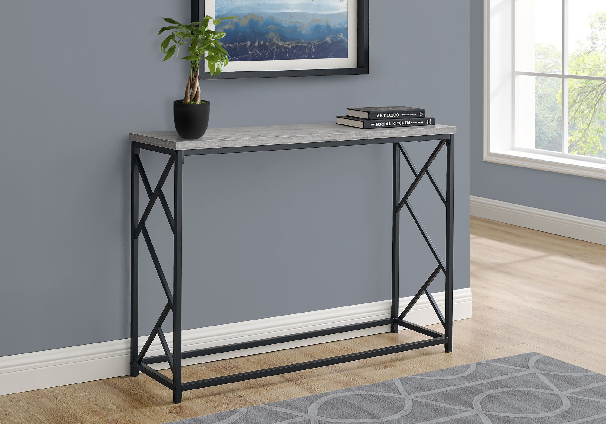 Modern Grey Laminate Accent Table with Sturdy Black Metal Frame - Perfect for Living Room, Bedroom or Office Decor