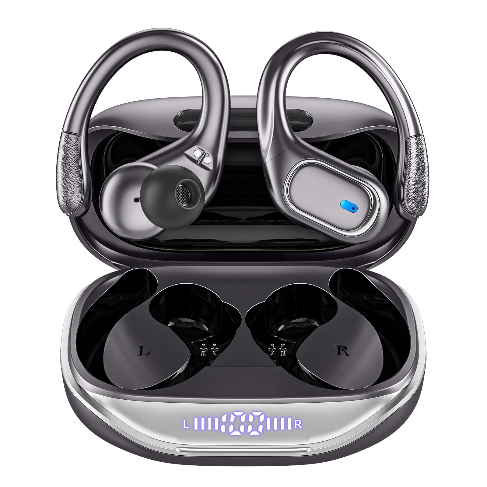 Wireless Earbuds Bluetooth 5.3 Headphones - 80Hrs Playtime, IPX7 Waterproof, Wireless Charging Case, Secure Earhooks for Running, Gym & Sports - Black (Perfect for Workouts, Commuting & Travel)