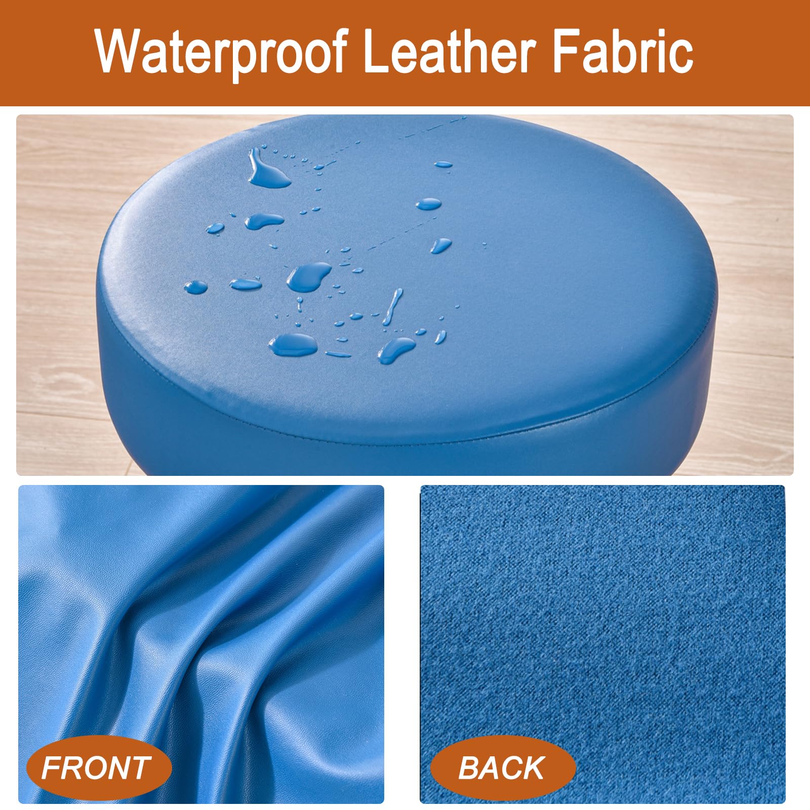 Waterproof Round Bar Stool Covers Set of 2 - PU Leather Stretch Seat Cushion Covers with Non-Slip Bottom for Kitchen, Dining Room & Bar Stools - Blue - Perfect for Home Decor, Restaurant & Cafe Use