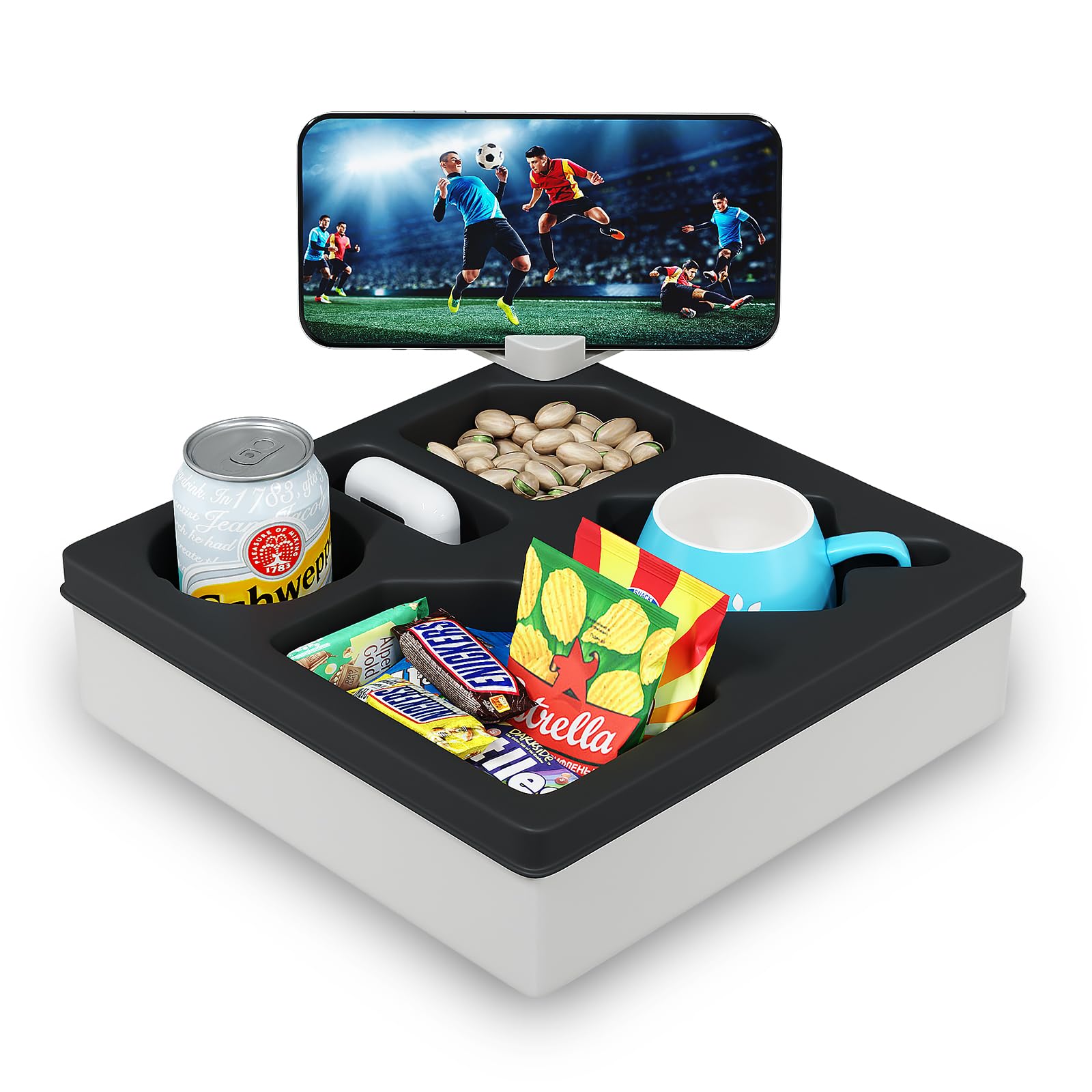 Rotatable Couch Caddy with Phone Holder - Sofa & Bed Cup Holder Tray Organizer - Waterproof Drink Holder for Beverages, Snacks & Remote Control - Perfect for Living Room, Bedroom & Home Theater (Black)