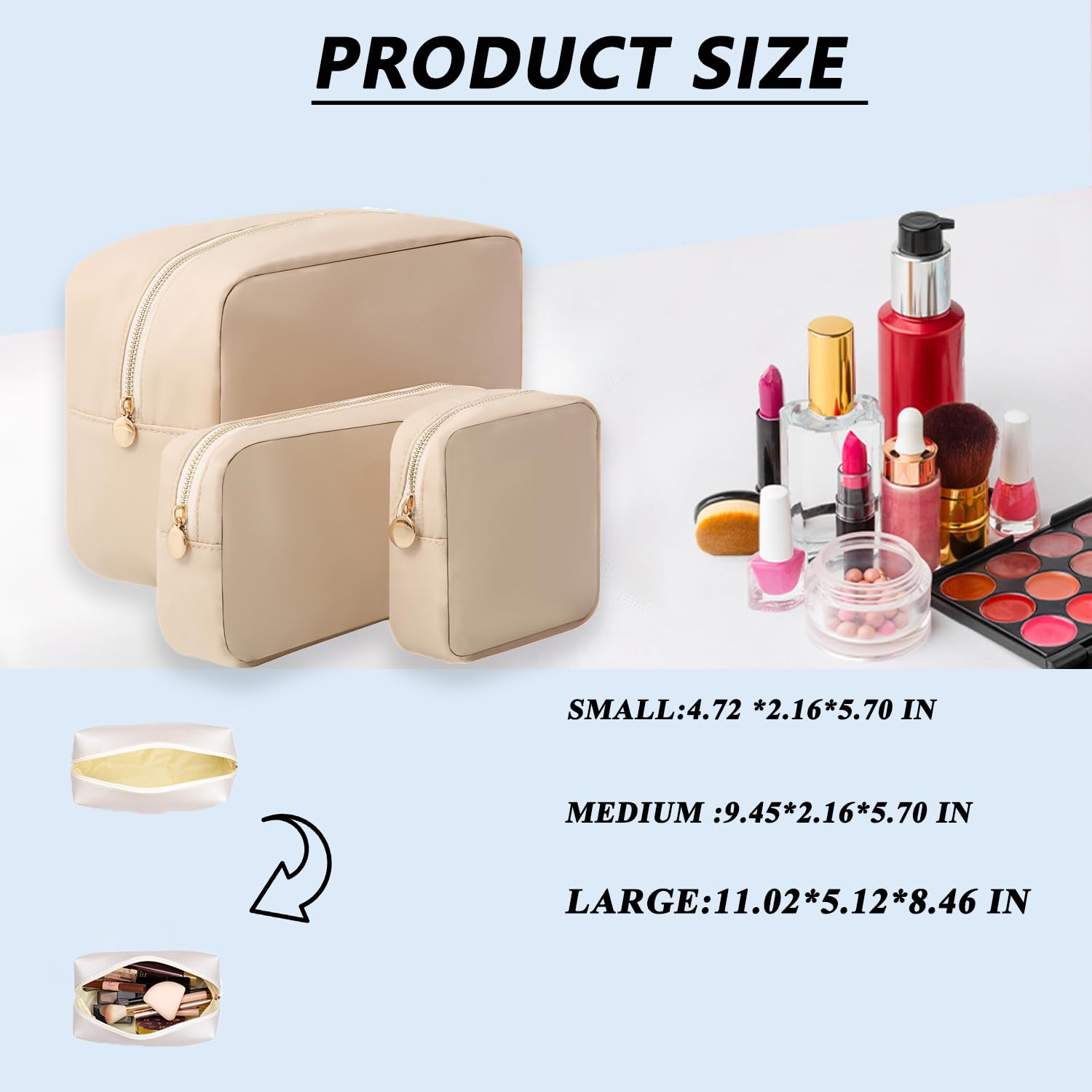 3-Piece Waterproof Nylon Makeup Bag Set with Zipper - Travel Cosmetic Organizer Pouch for Toiletries, Makeup & Accessories - Perfect for Travel, Gym, and Daily Use