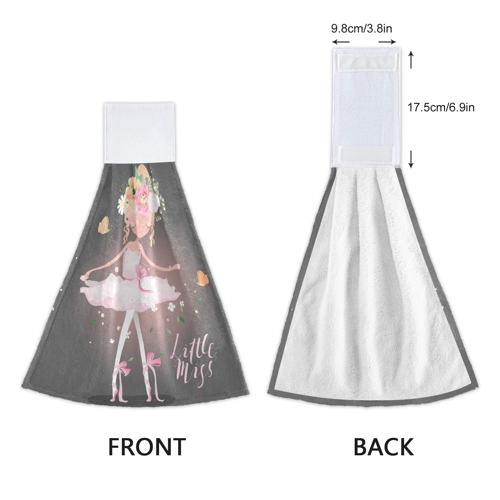 2-Pack Ballet Girl Hand Towels with Flowers, Butterflies & Sparkles - Soft, Fast-Drying Kitchen & Bath Towels with Hook & Loop for Hanging - Perfect for Dishes, Face Cleaning & Home Decor