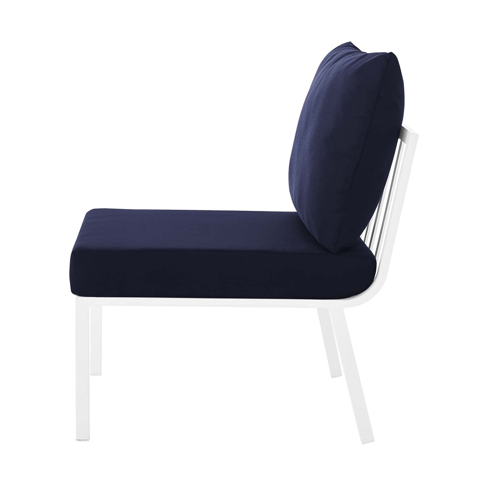 Modern Outdoor Lounge Sectional Sofa Set - Aluminum Metal Frame with White Blue Navy Cushions - Perfect for Patio, Cafe, Bistro & Garden Relaxation