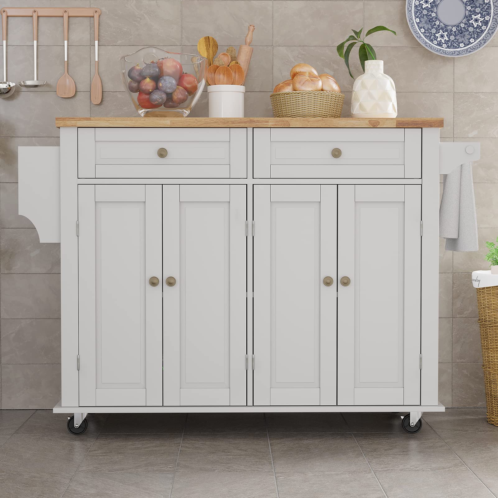 Rolling Kitchen Island with Drop Leaf – White Matte Movable Kitchen Cart on Wheels with Storage Cabinet, Rubber Wood Top, Rack, and Drawers – Perfect for Small Kitchens, Dining, and Entertaining