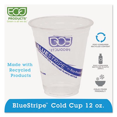 Eco-Friendly Blue Stripe Recycled Clear Plastic Cold Cups 12oz (100 Pack) - Bulk Disposable Cups for Parties, Picnics, and Events - 10 Packs per Carton