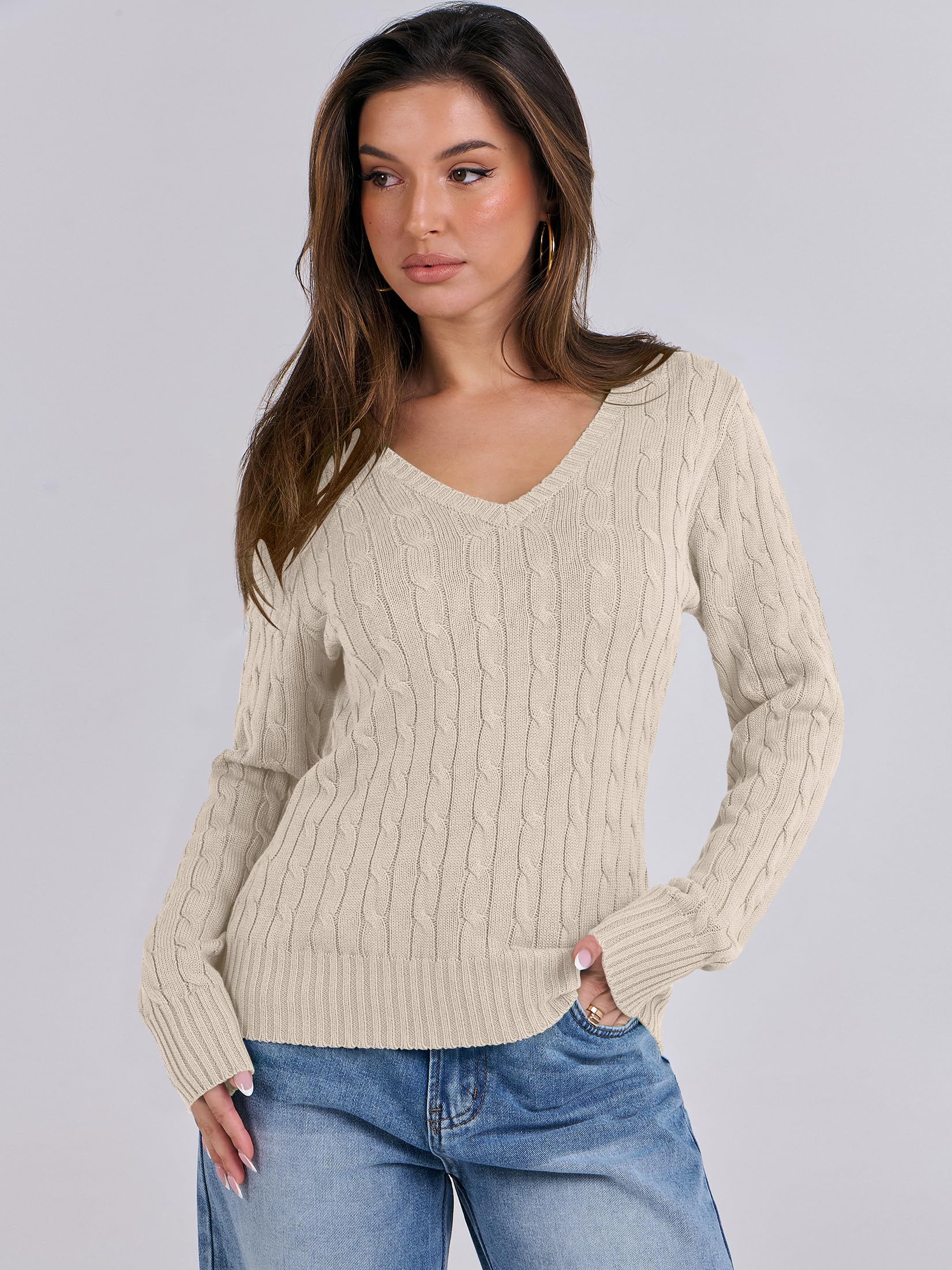 ANRABESS Women's Long Sleeve V Neck Cable Knit Sweater - Soft Pullover Top for Spring 2025 - Cute & Dressy Casual Outfit for Work, Date Night & Weekend Wear