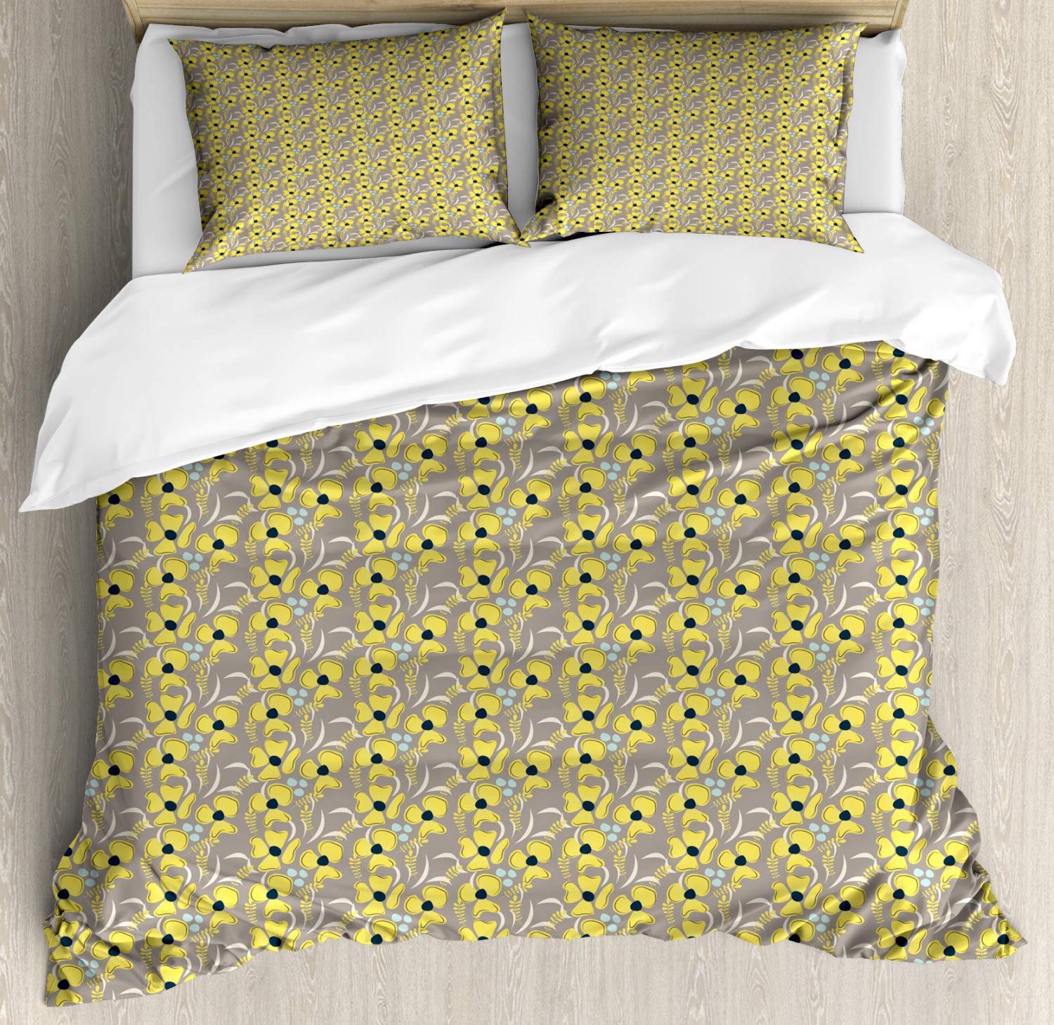 Ambesonne Taupe Duvet Cover Set 3-Piece California King - Romantic Meadow Floral Design with 2 Pillow Shams, Indigo Yellow Taupe Color - Perfect for Spring Bedroom Decor, Boho Chic Home, Guest Room & Master Bedroom Makeover