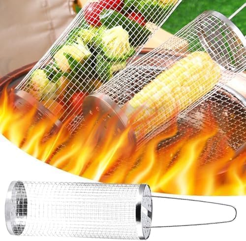 Stainless Steel Rolling Grill Basket for Outdoor BBQ - Portable Round Grilling Grate for Vegetables, French Fries, Fish - Perfect for Camping, Picnics & Backyard Barbecues
