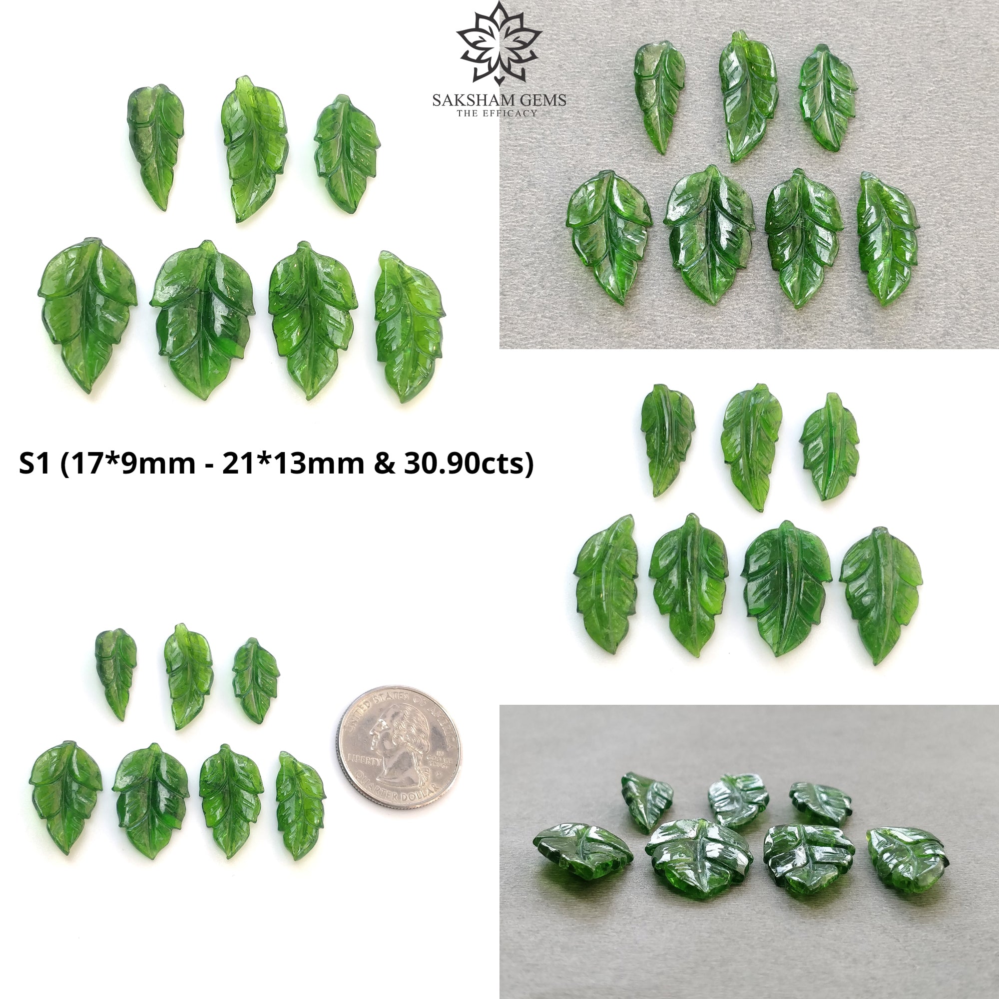 Natural Green Chrome Diopside Gemstone Carving - Hand Carved Leaves Both Sides (7pcs) for Jewelry Making, Meditation & Crystal Healing
