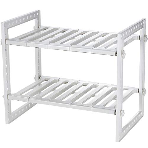 Expandable Under Sink Shelf Organizer - 2 Tier Kitchen & Bathroom Storage Rack with 12 Removable Plastic Panets, White - Perfect for Organizing Cleaning Supplies, Cosmetics & Toiletries Under Sink