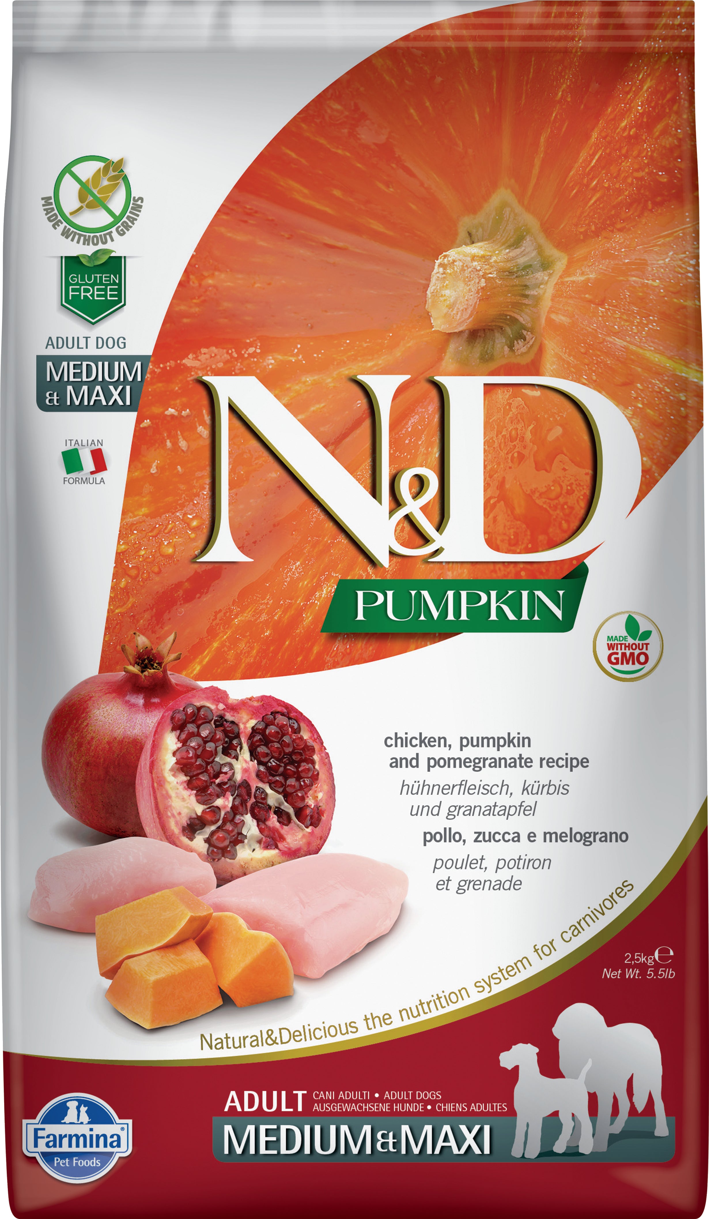 Farmina N&D Grain-Free Dry Dog Food with Pumpkin & Chicken - Medium/Large Breed Formula for Digestive Health & Skin Care | Perfect for Adult Dogs with Sensitive Stomachs