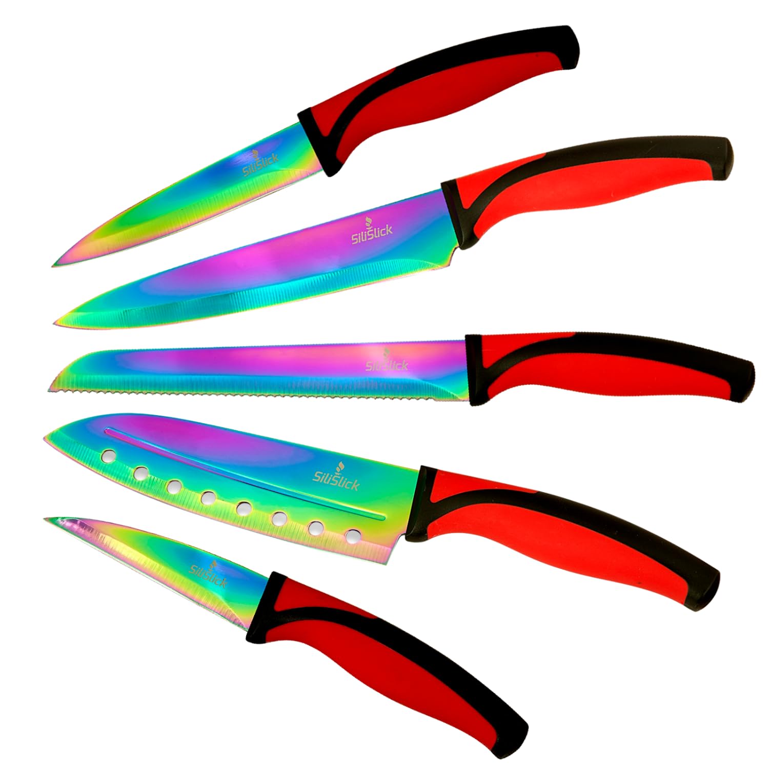 Rainbow Titanium Coated Kitchen Knife Set - 6-Piece Stainless Steel Chef Knives with Ergonomic Non-Slip Handles (Utility, Santoku, Bread, Paring Knives) - Perfect for Home Cooking, Professional Chefs & Gift Giving