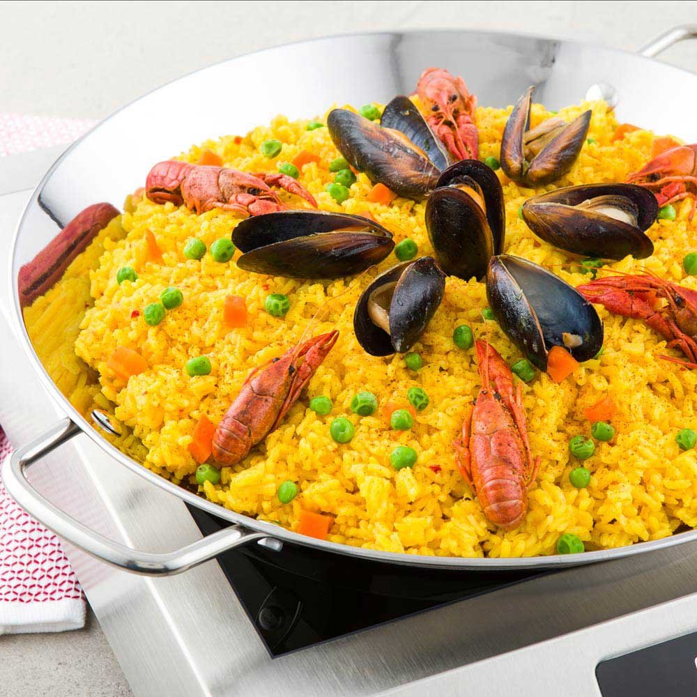 13.5 Inch Induction Ready Spanish Paella Pan - Heavy-Duty Stainless Steel with Riveted Handles, Dishwasher Safe - Perfect for Home Cooking & Restaurant Use - Great for Paella Parties, Family Gatherings & Spanish Cuisine