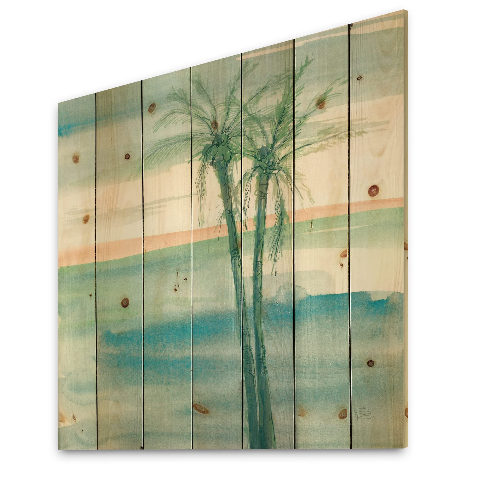DesignQ Peaceful Dusk II Tropical Wood Wall Art - Blue Beach-Themed Wall Decor, Large Pine Wood Wall Panels with Nature Prints | Perfect for Coastal, Boho & Living Room Decor