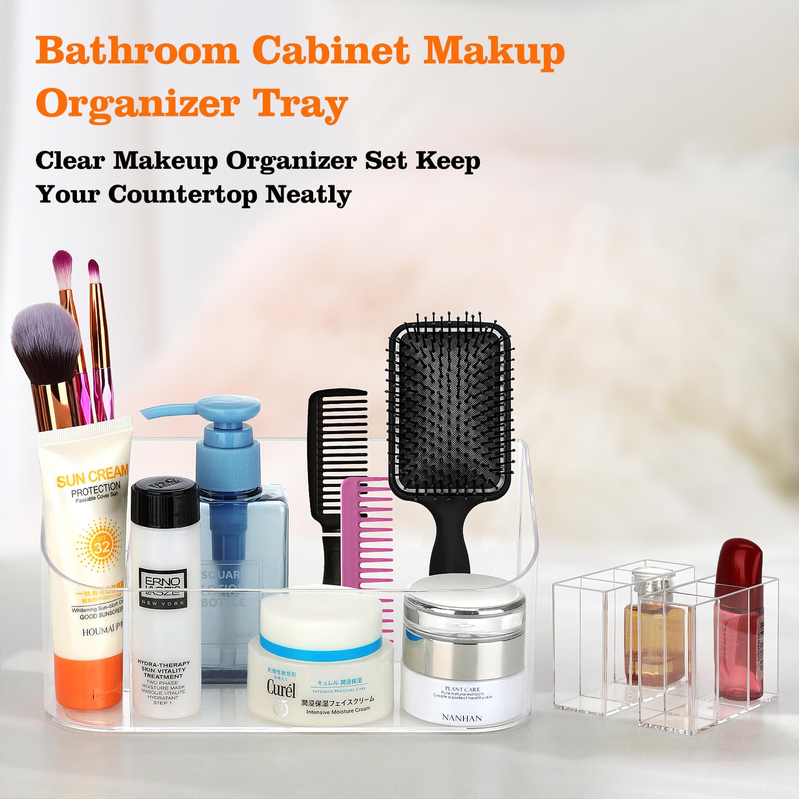 Clear Acrylic Makeup Organizer Tray - Small Cosmetic Display Case for Vanity, Bathroom Counter, Tabletop & Drawer Storage | Perfect for Lipsticks, Brushes & Skincare Products (Transparent)