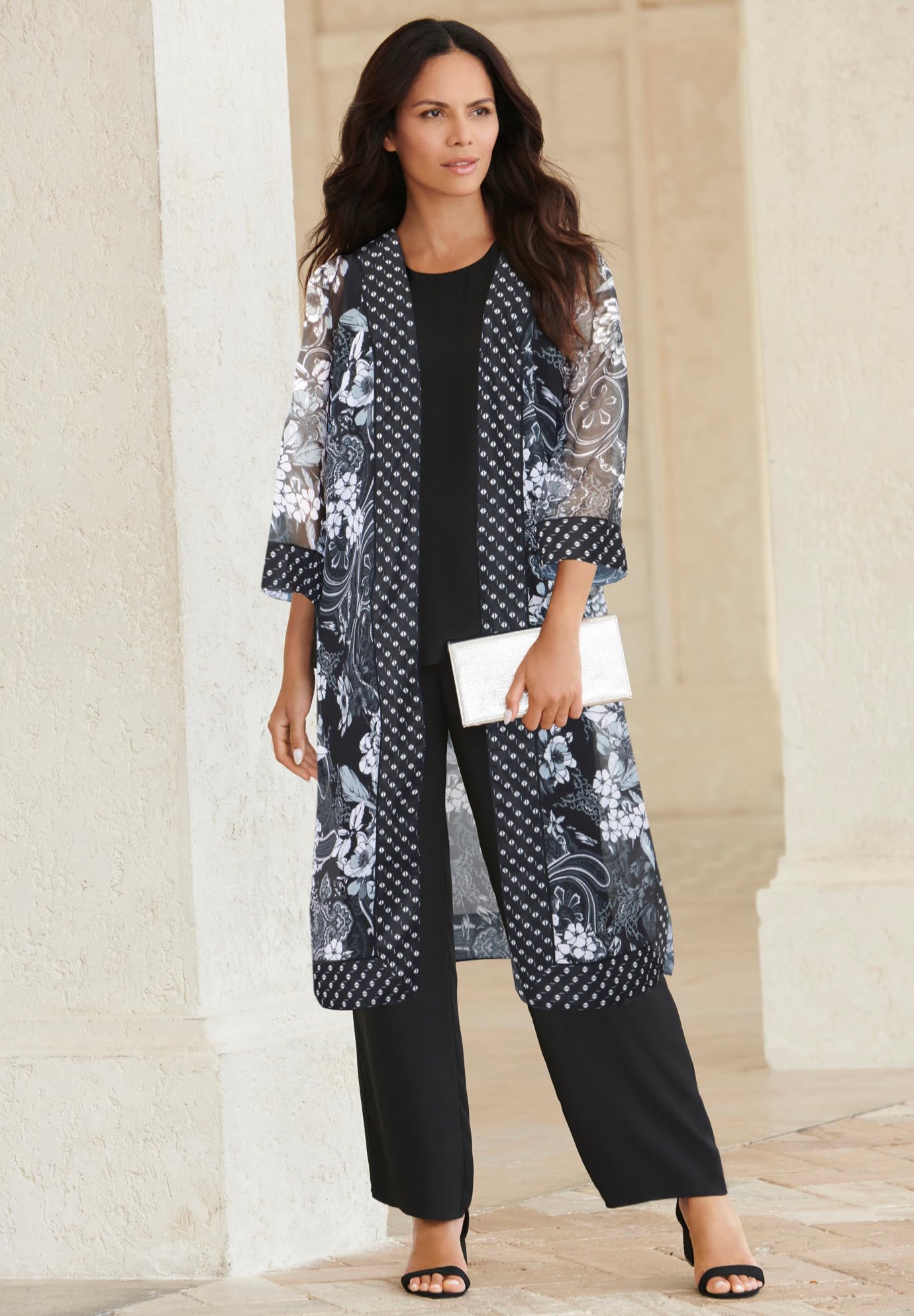 Roaman's Women's Plus Size 3-Piece Duster & Pant Suit Outfit - Elegant Casual Wear for Work, Church & Special Occasions