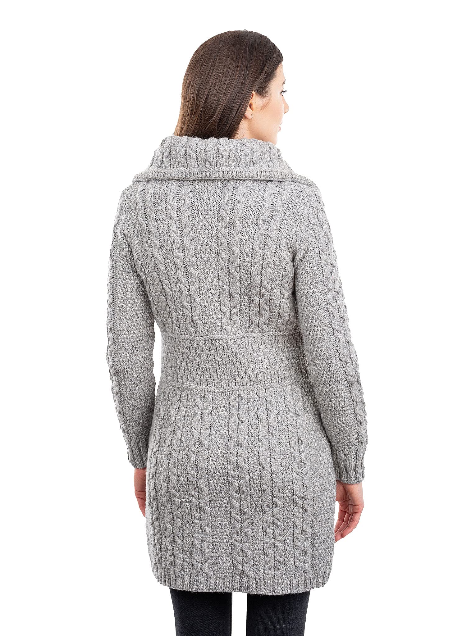SAOL 100% Merino Wool Irish Cardigan for Women with Pockets - Warm Long Coat from Ireland - Perfect for Fall, Winter & Casual Outfits