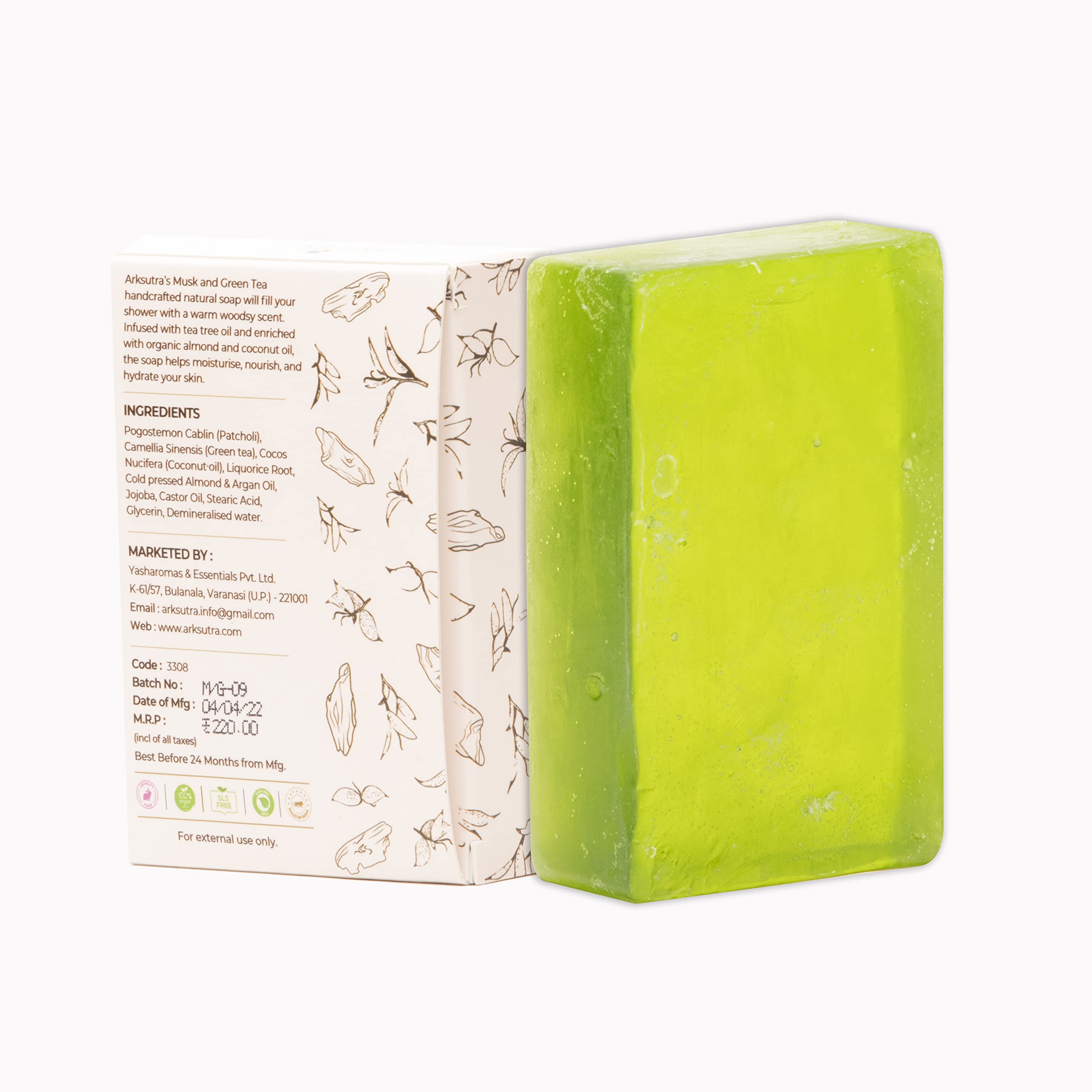 Arksutra Pack of 2 Musk & Green Tea Soap Bars with Pure Tea Tree Extract | Handcrafted Natural Soap for Deep Cleansing & Refreshing | Perfect for Daily Bathing, Sensitive Skin Care & Aromatherapy Relaxation