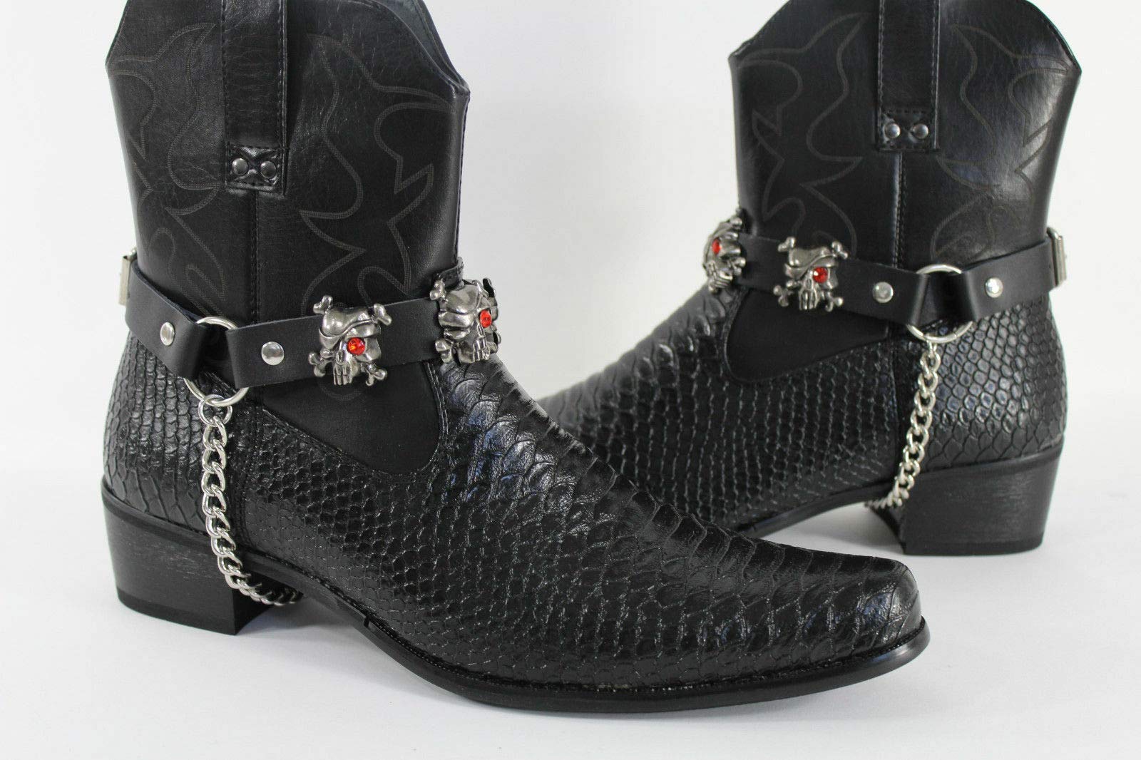 Men's Black Leather Biker Boot Bracelet with Silver Skull & Chain Straps - Chunky Statement Bangle Jewelry for Motorcycle Riders & Rock Fashion Enthusiasts