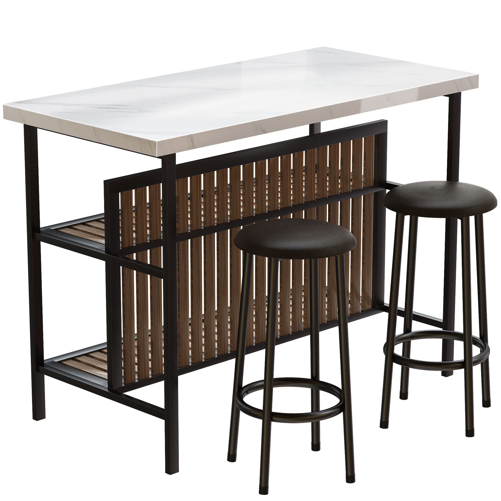 Modern White Kitchen Island with Stools & Storage - 3-Piece Dining Table Set for Small Spaces, Apartments & Home Bars | Perfect for Breakfast Nook, Entertaining Guests & Compact Kitchen Dining