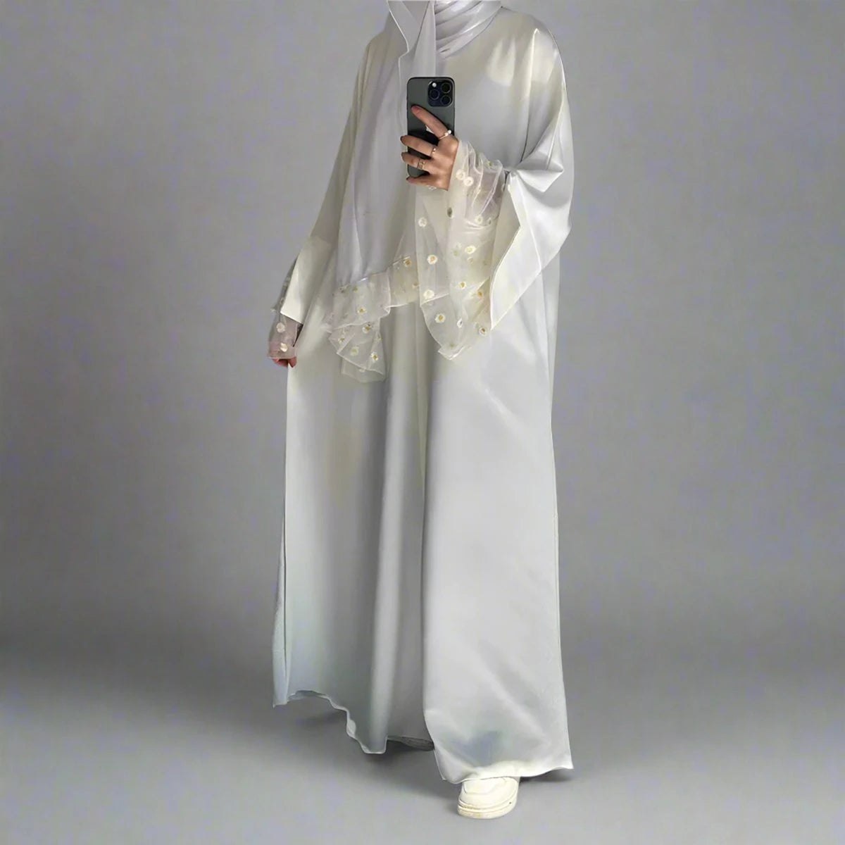 Elegant Nida Lace Abaya Dress for Women - Modest Islamic Prayer Dress with Embroidery Details - Perfect for Eid, Wedding & Special Occasions