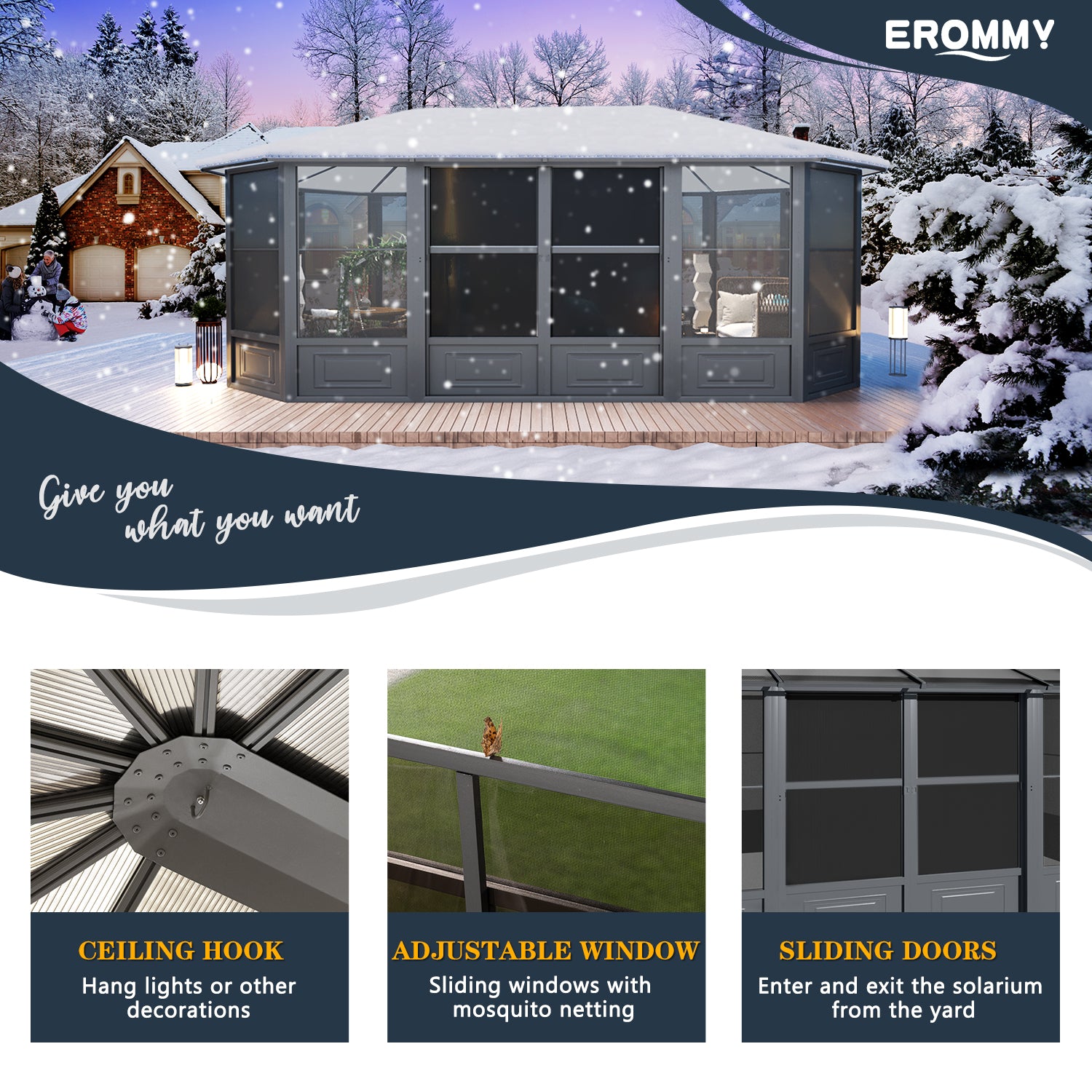 EROMMY 12X18 4 Season Solarium Room with Sliding Door in Grey - Perfect for Patio, Garden, and Backyard Relaxation All Year Round