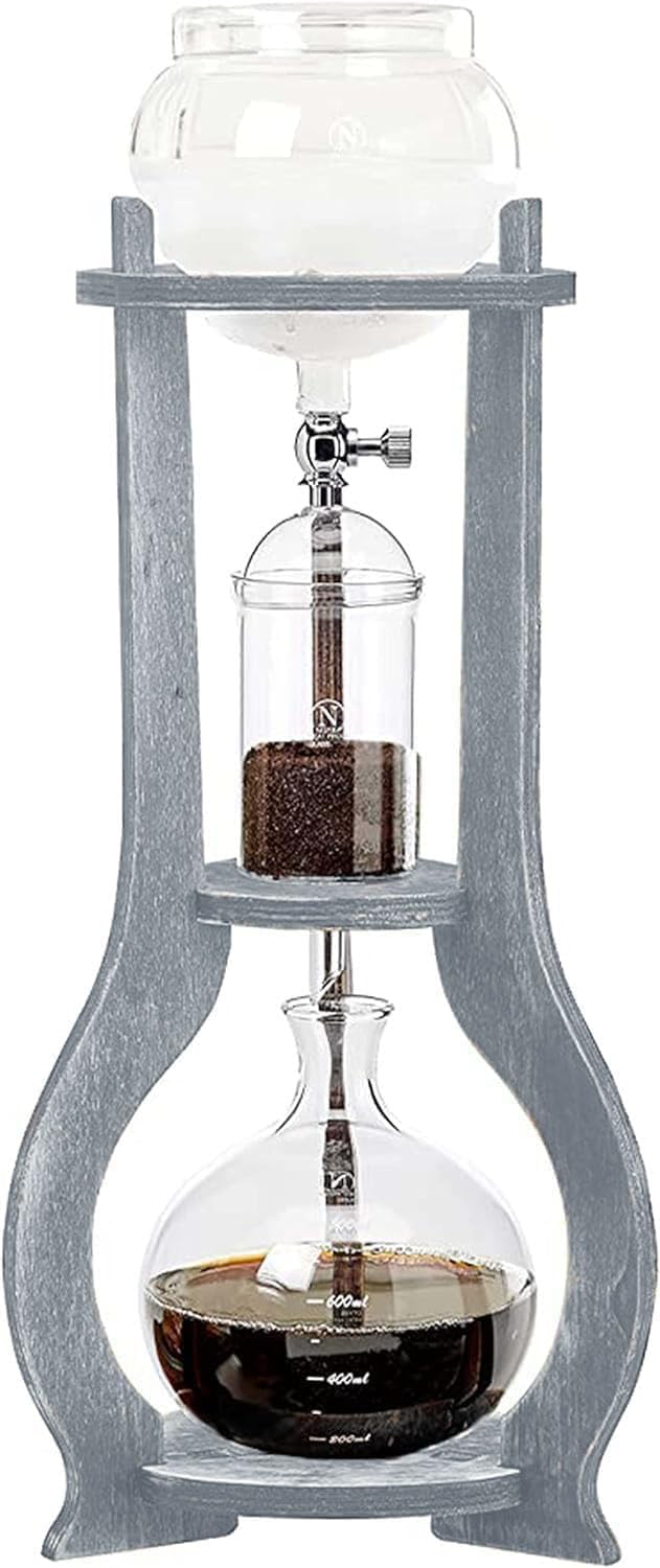 Premium Nispira Cold Brew Coffee Maker - 6-8 Cup Iced Coffee Drip Tower with Wooden Stand, Grey | Perfect for Home, Office & Outdoor Use | Easy Brewing for Smooth Iced Coffee & Cold Brew Concentrate